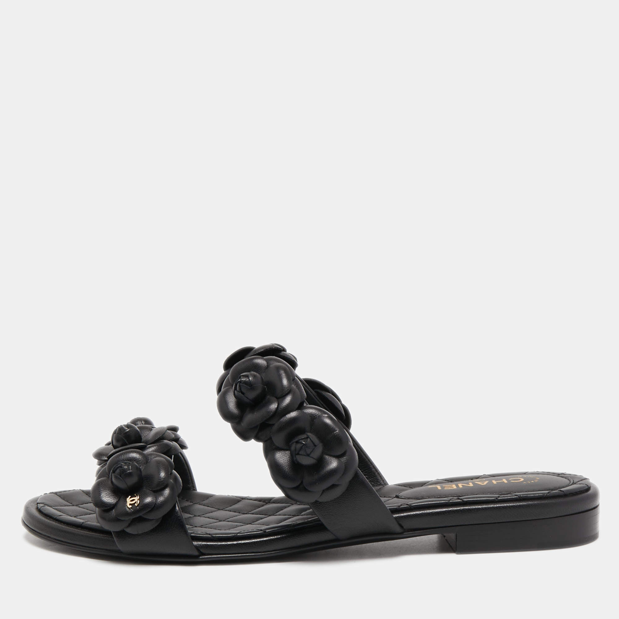 Chanel Black Leather Camellia Flat Slides Size 37.5