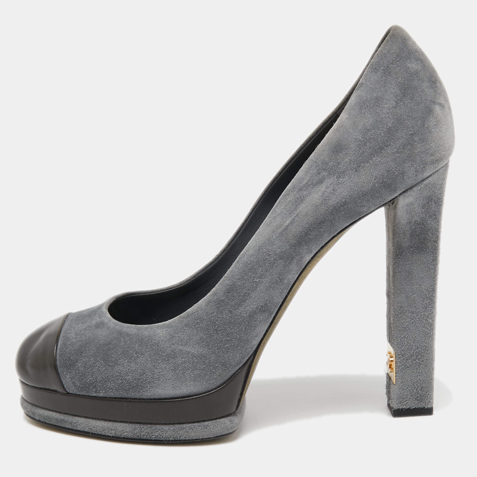 Pre Owned Chanel Grey/Green Suede And Leather Cap Toe Platform Block Heel Pumps Size 41.5