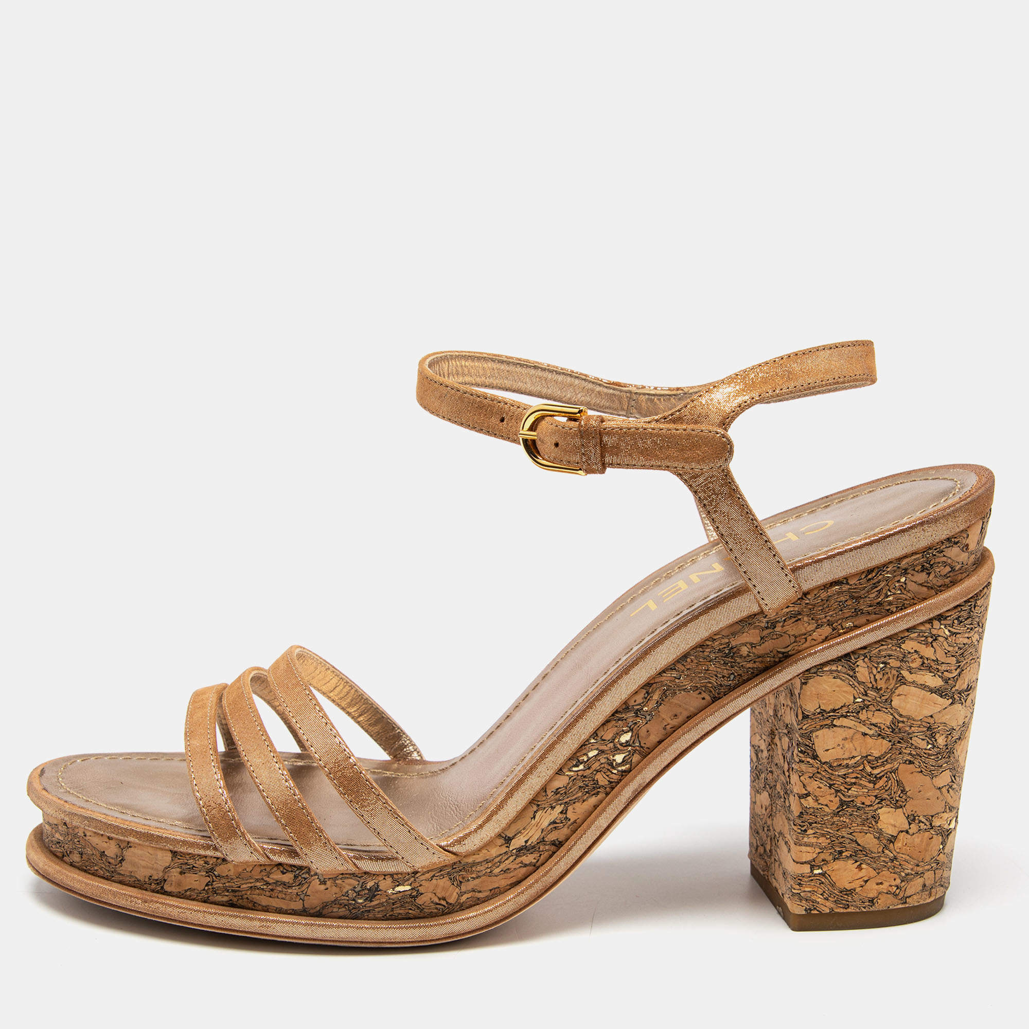 Chanel Gold Texture Suede Ankle Strap Cork Platform Sandals Size 41