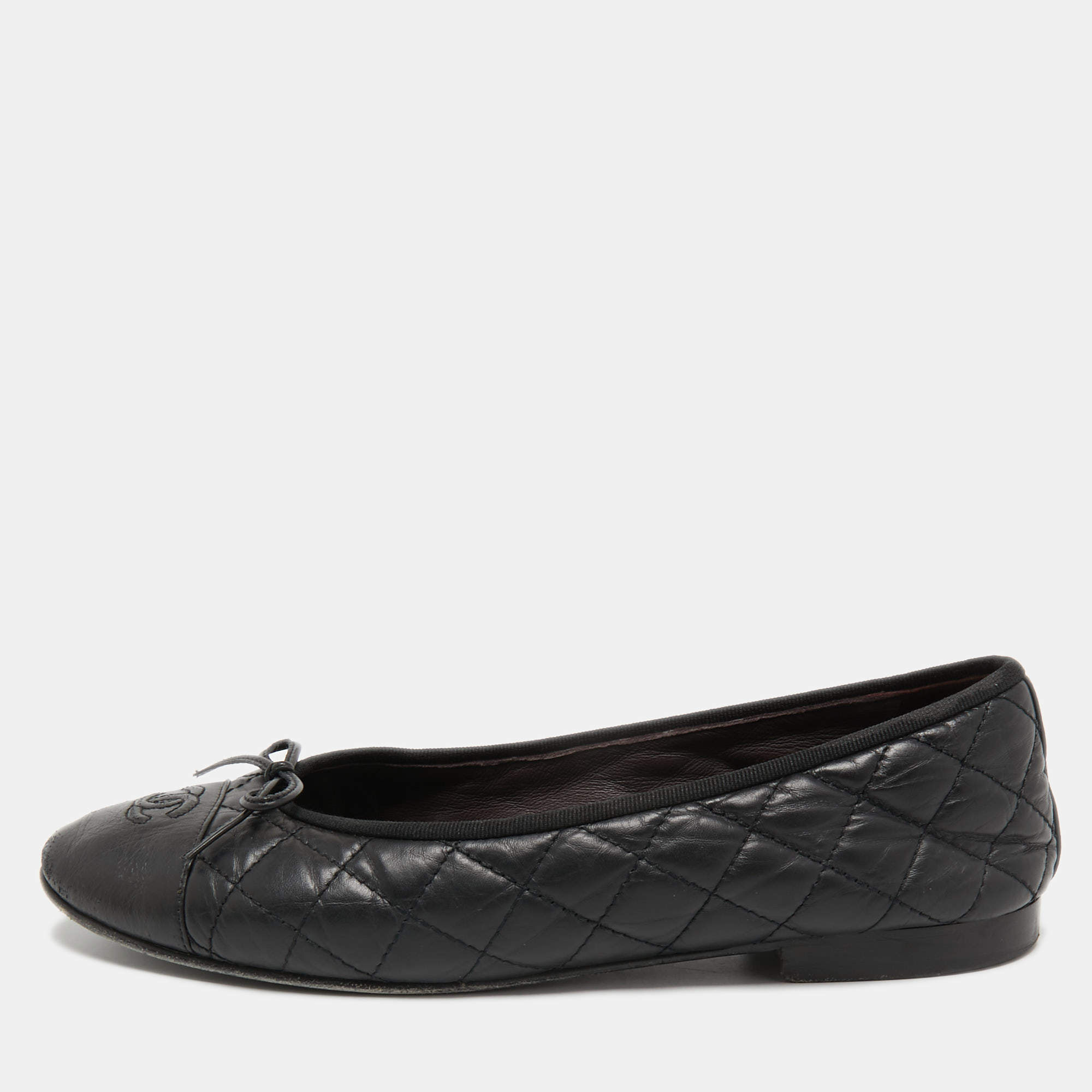 Chanel Black Quilted Leather CC Bow Ballet Flats Size 40