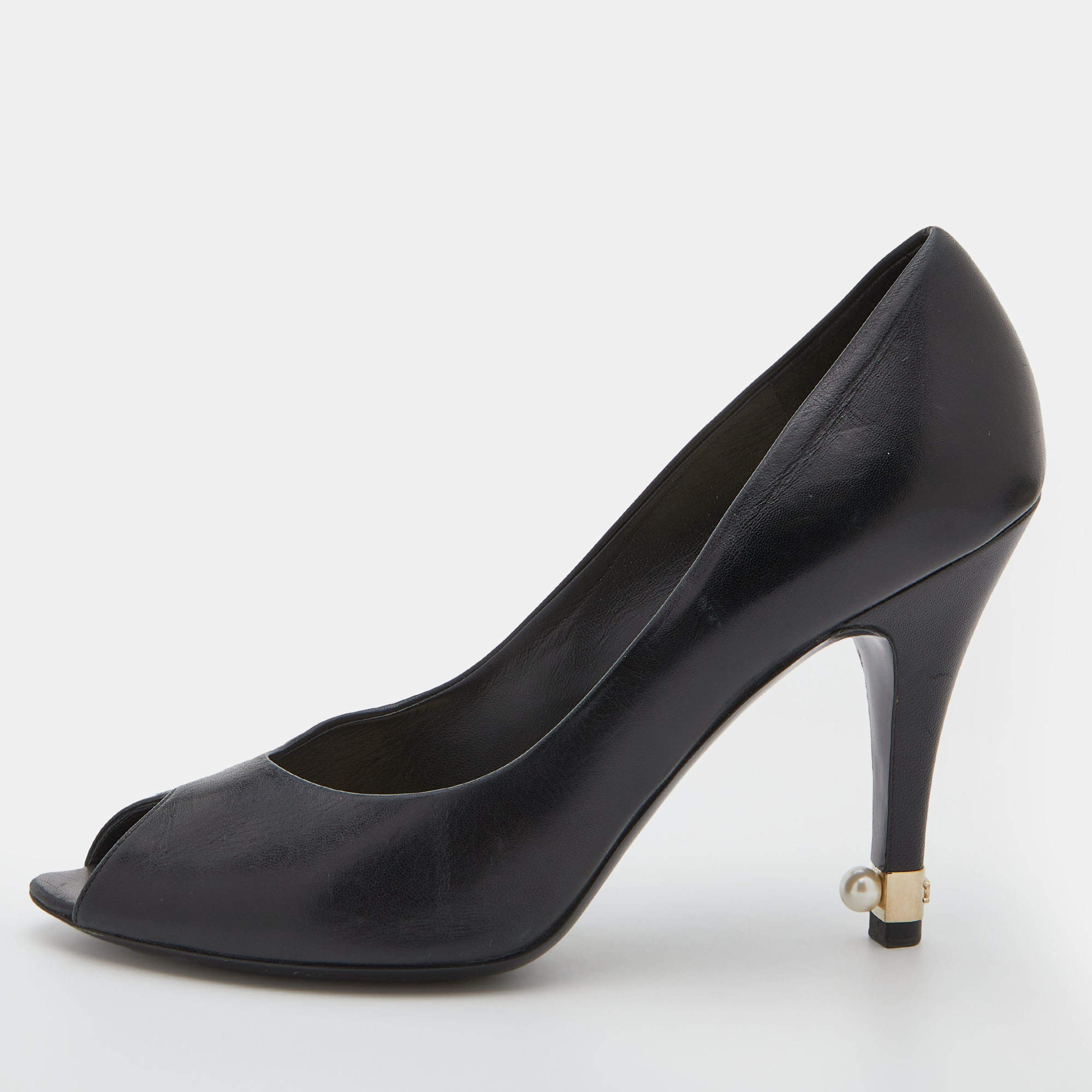 Pre Owned Chanel Black Leather Peep Toe CC Pearl Heel Pumps Size 38.5