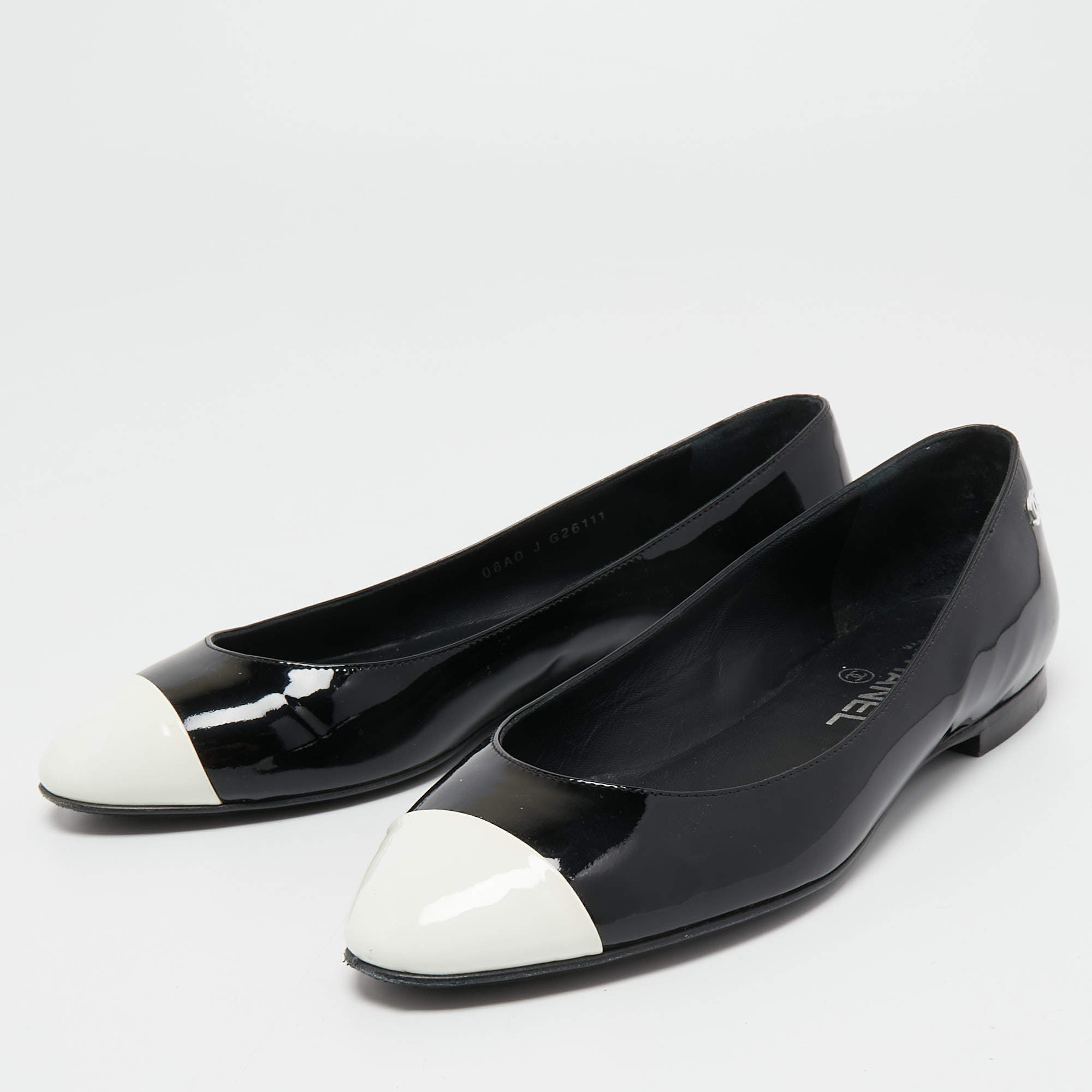 Chanel BlackWhite Leather CC Cap Toe Bow Ballet Flats Size 38 Chanel  TLC