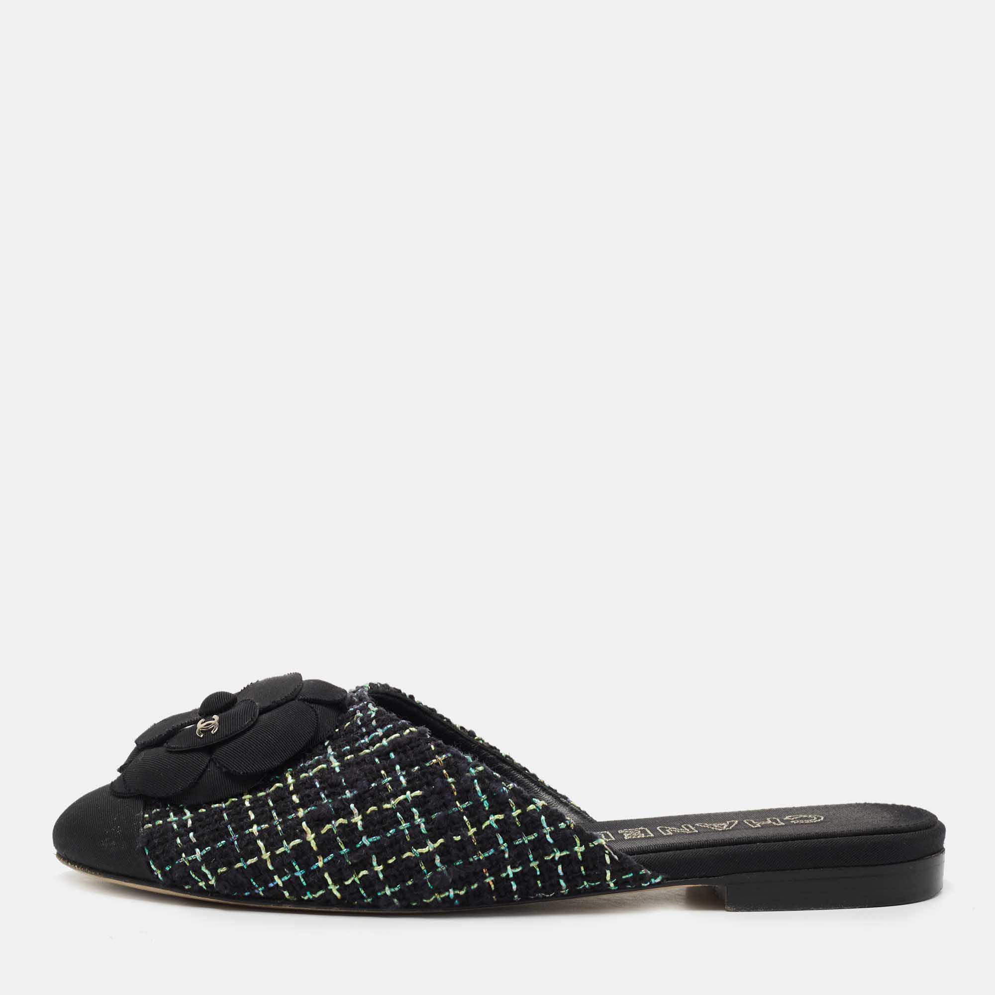 Chanel Black/Green Tweed and Fabric CC Camelia Flat Mules Size 38.5