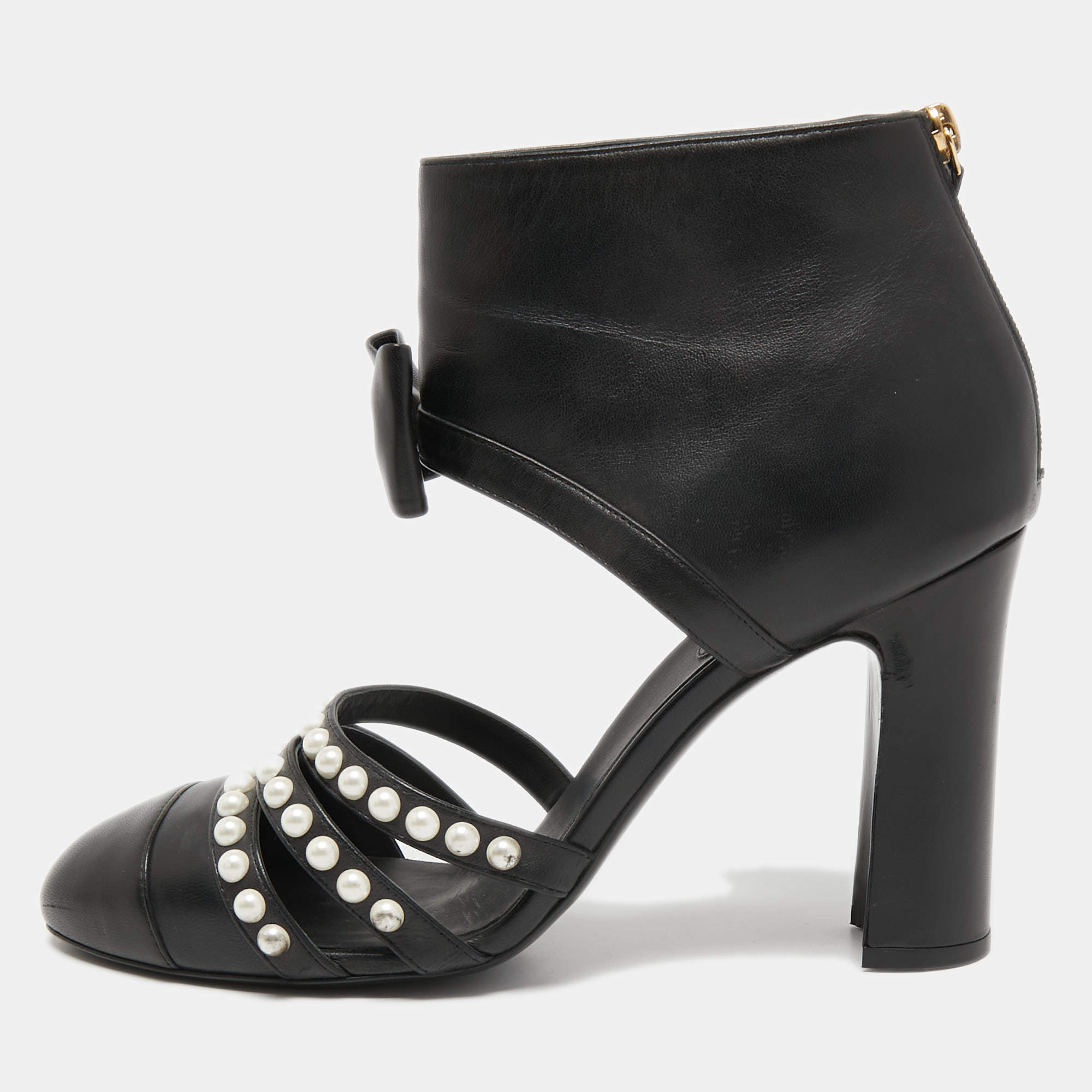 Chanel Black Leather Bow Pearl Embellished Cut Out Ankle Booties Size 42