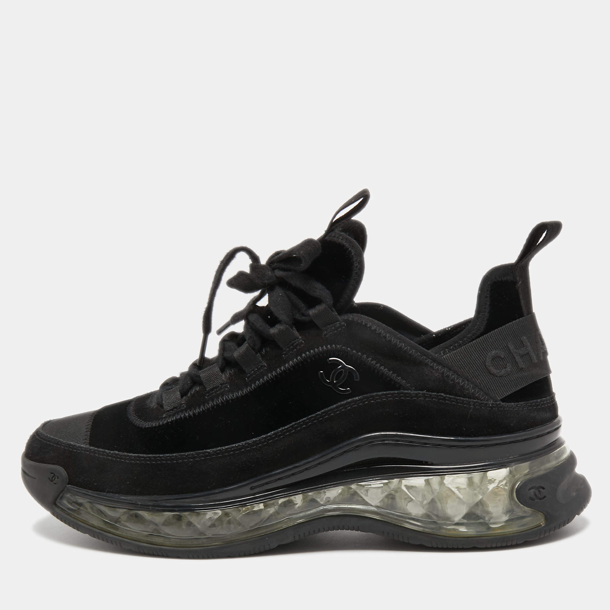 Pre Owned Chanel Black Black/Dark Grey  Suede Interlocking CC Logo Sneakers Size 39