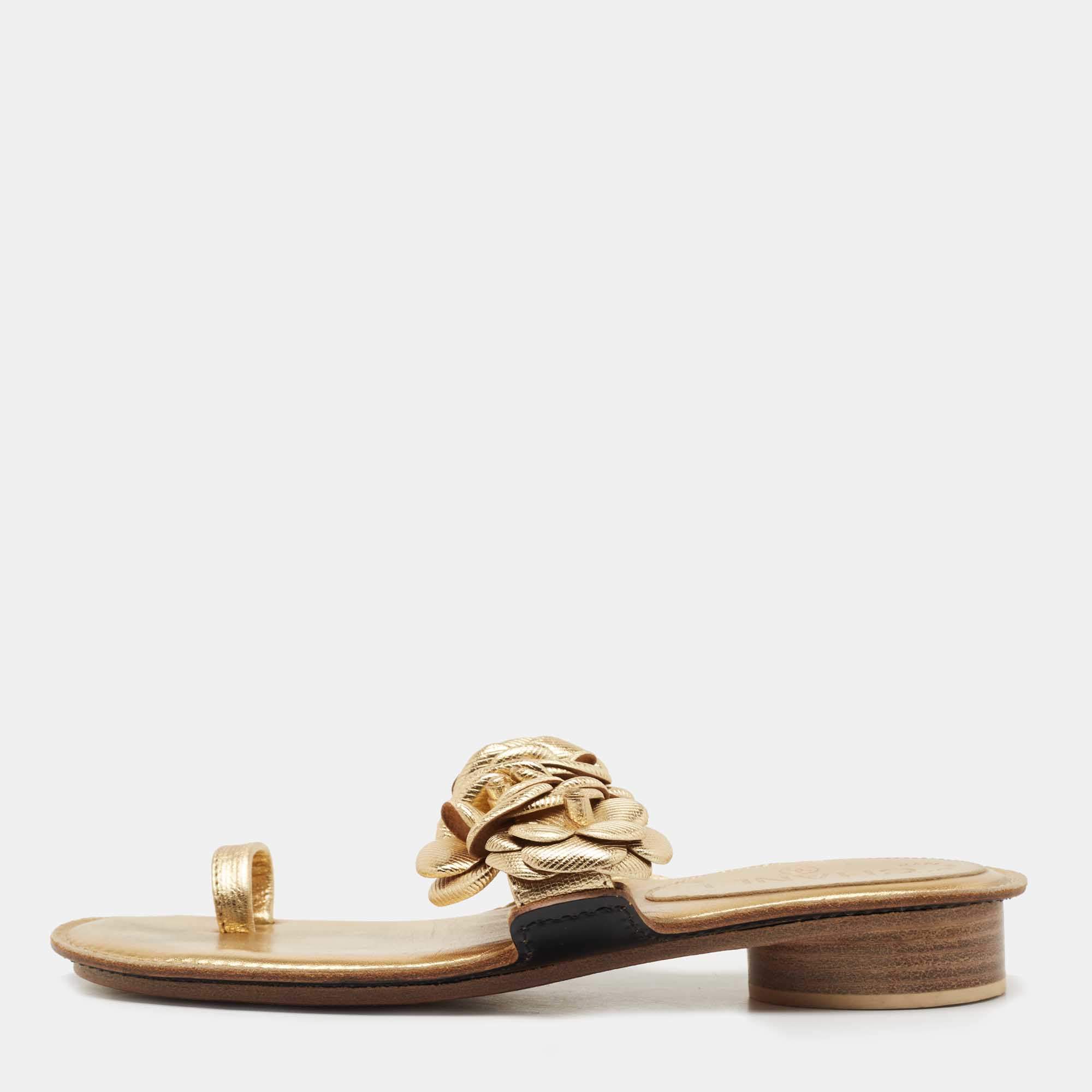 Chanel Gold Leather Camellia Toe Ring Sandals Size 36