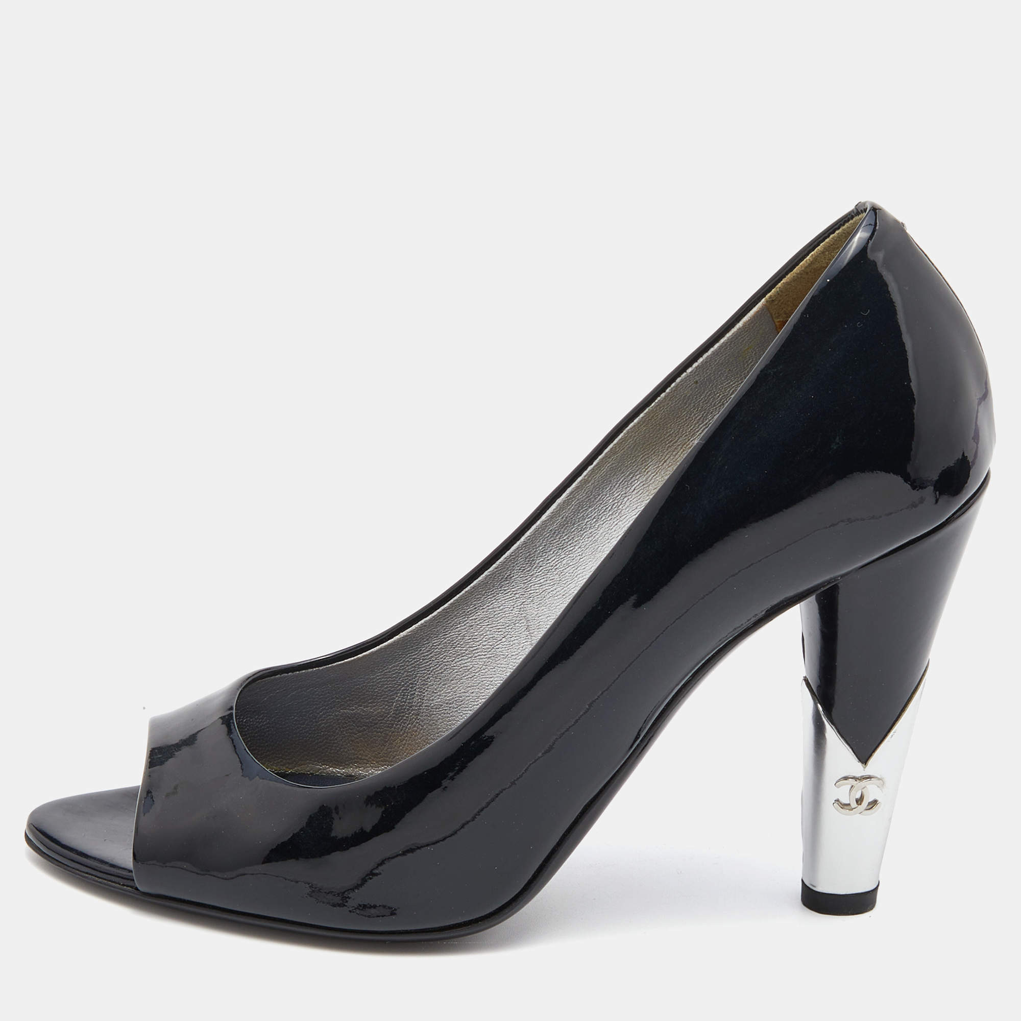 Pre Owned Chanel Black Patent Leather CC Open Toe Pumps Size 36