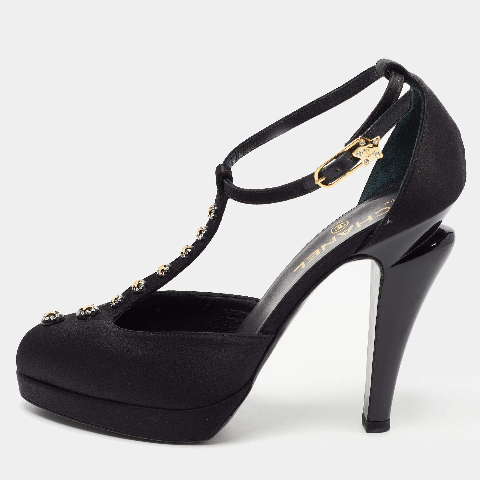 Pre Owned Chanel Black Satin Studded T-Strap Pumps Size 38