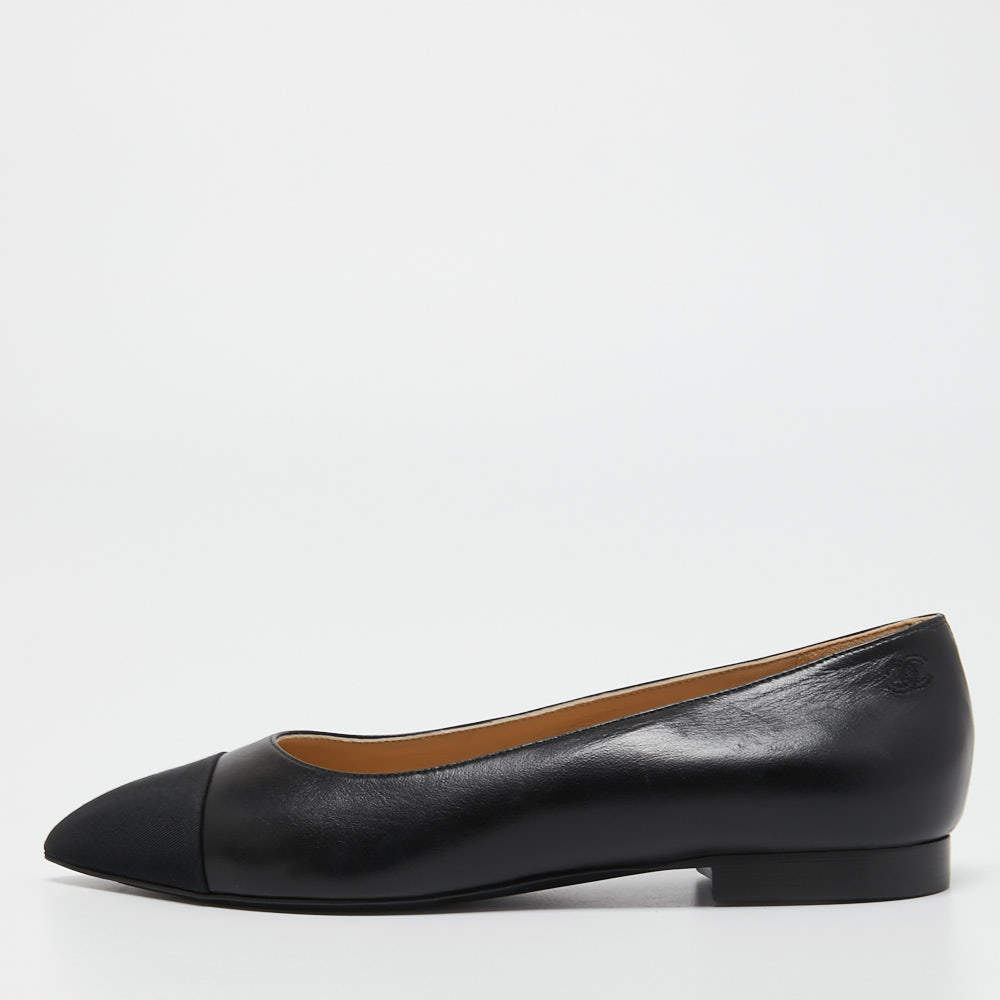 Chanel Black Leather and Canvas Cap Toe Ballet Flats Size 36