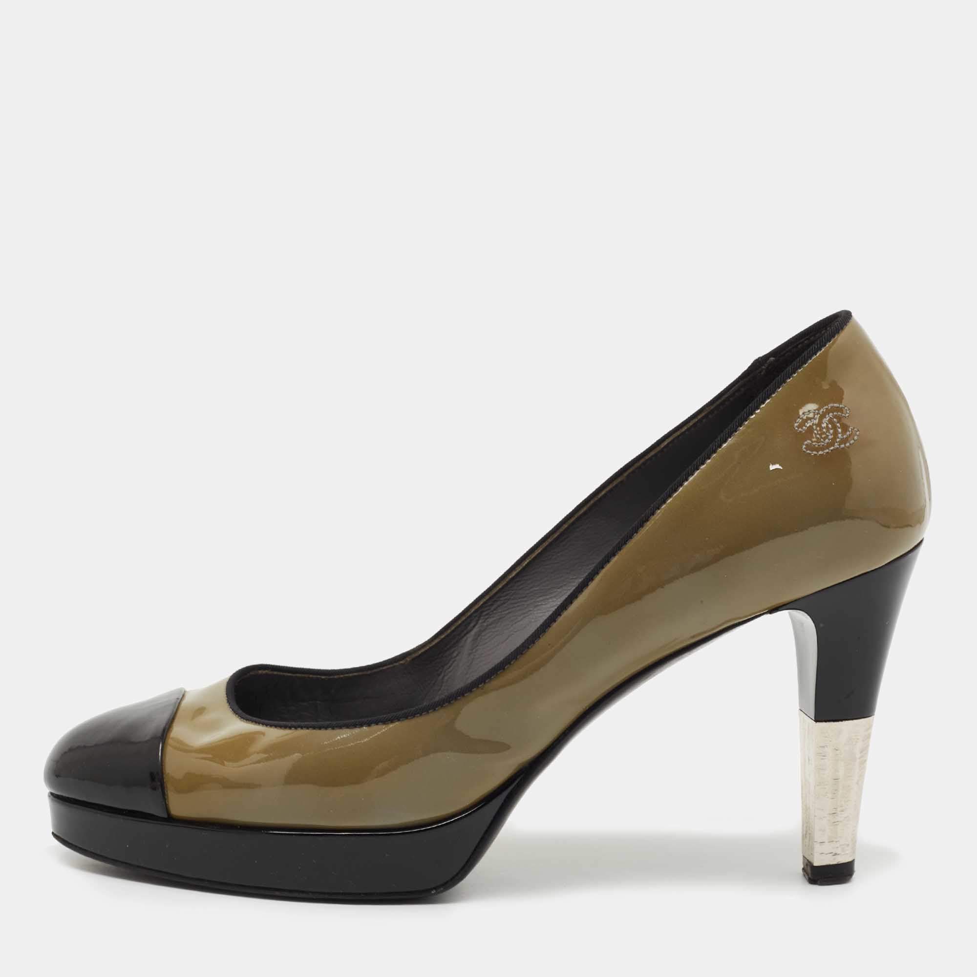 Chanel Olive Green/Black Patent Leather CC Platform Pumps Size 39.5