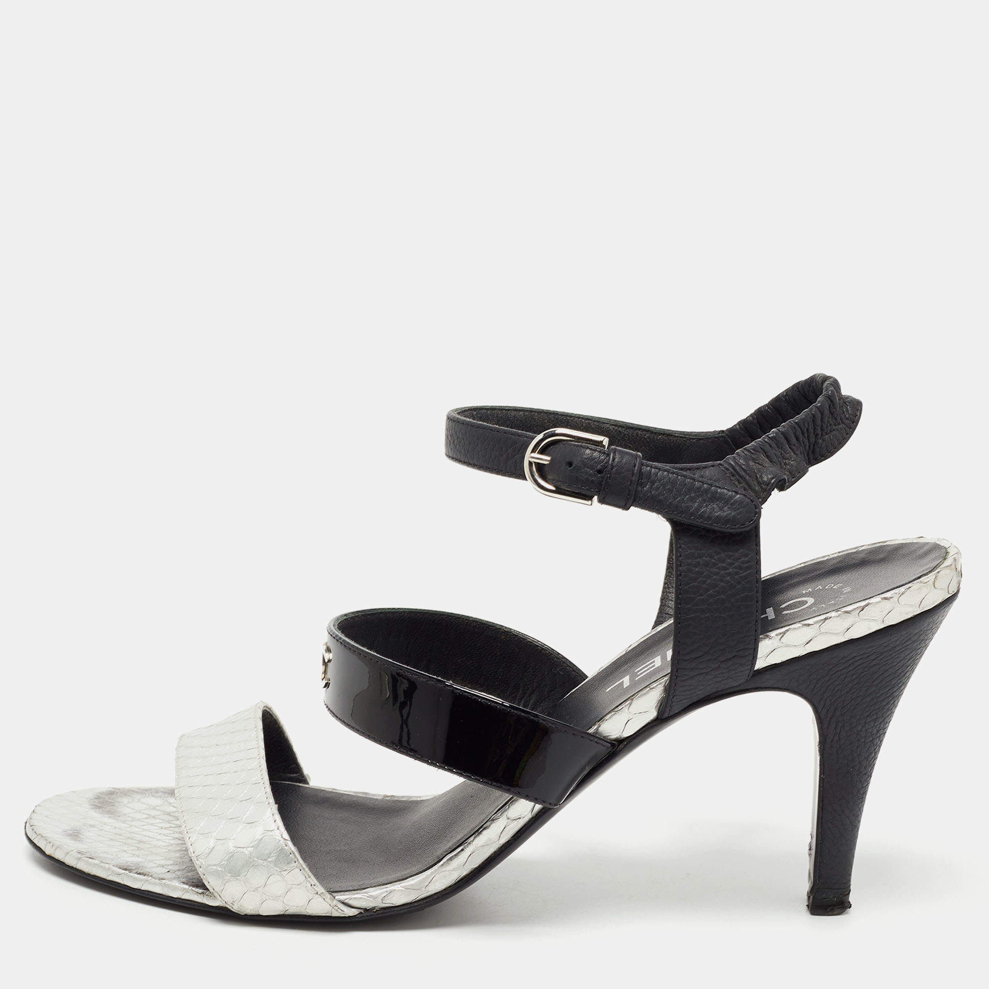 Chanel Black/Silver Leather and Python CC Ankle Strap Sandals Size 39.5