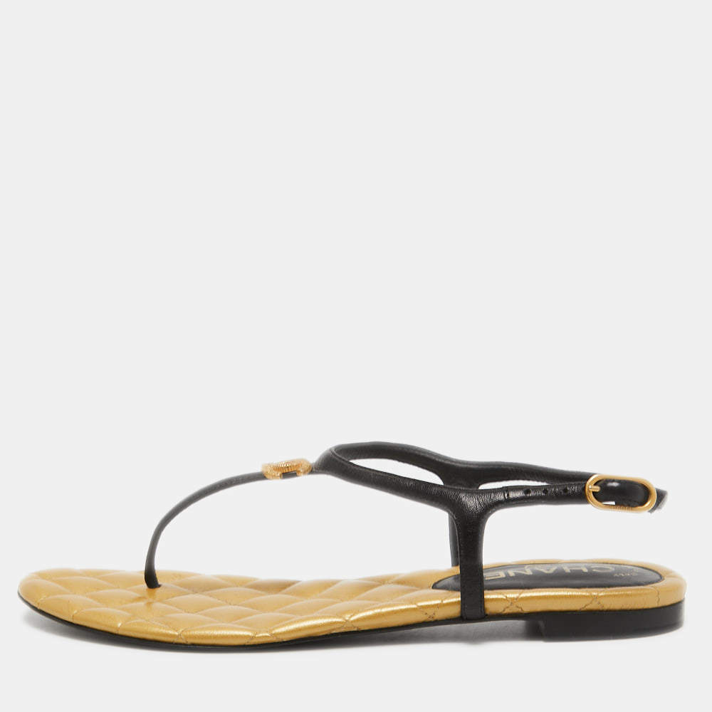 Chanel Black/Gold Leather CC Thong Slingback Flat Sandals Size 38