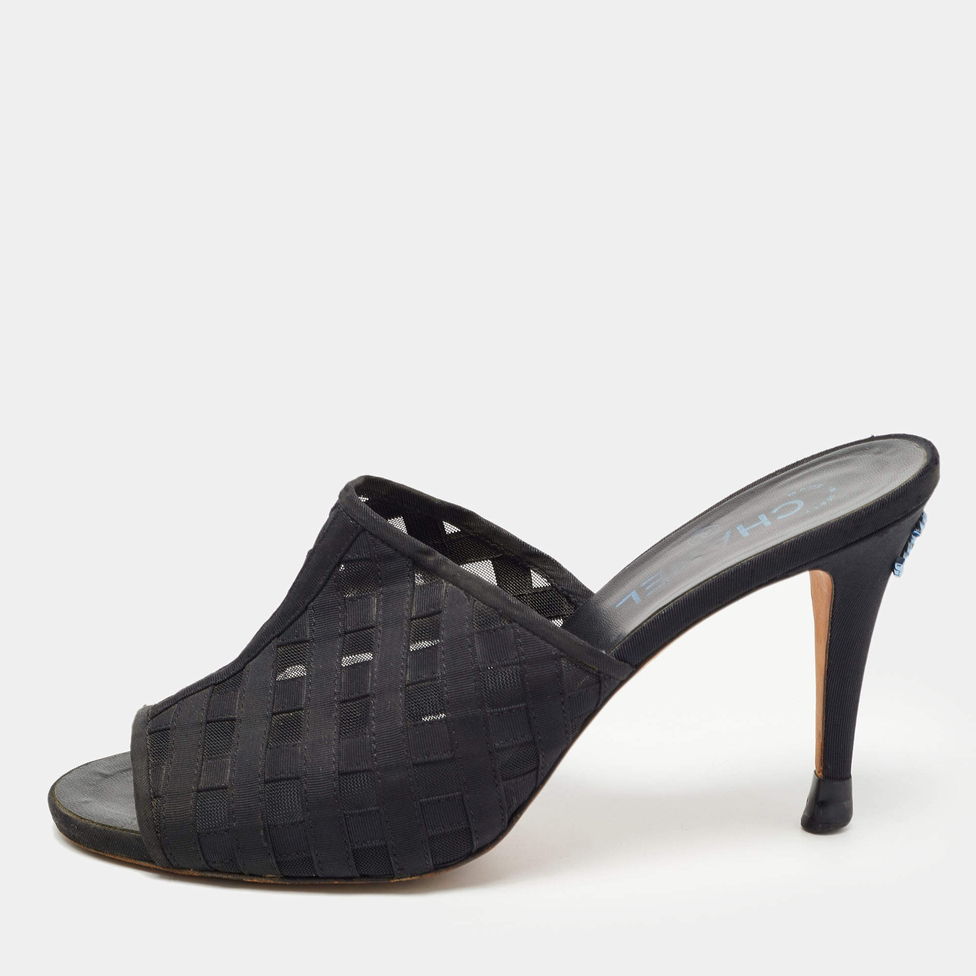 Pre Owned Chanel Black Mesh and Canvas CC Mules Size 41