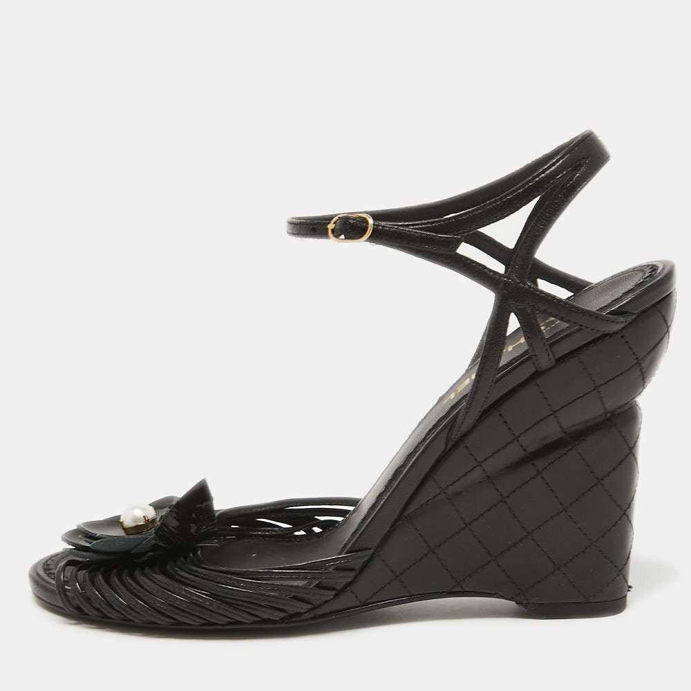 Chanel Black Leather Faux Pearl Camellia Strappy Ankle Strap Wedge Sandals Size 38