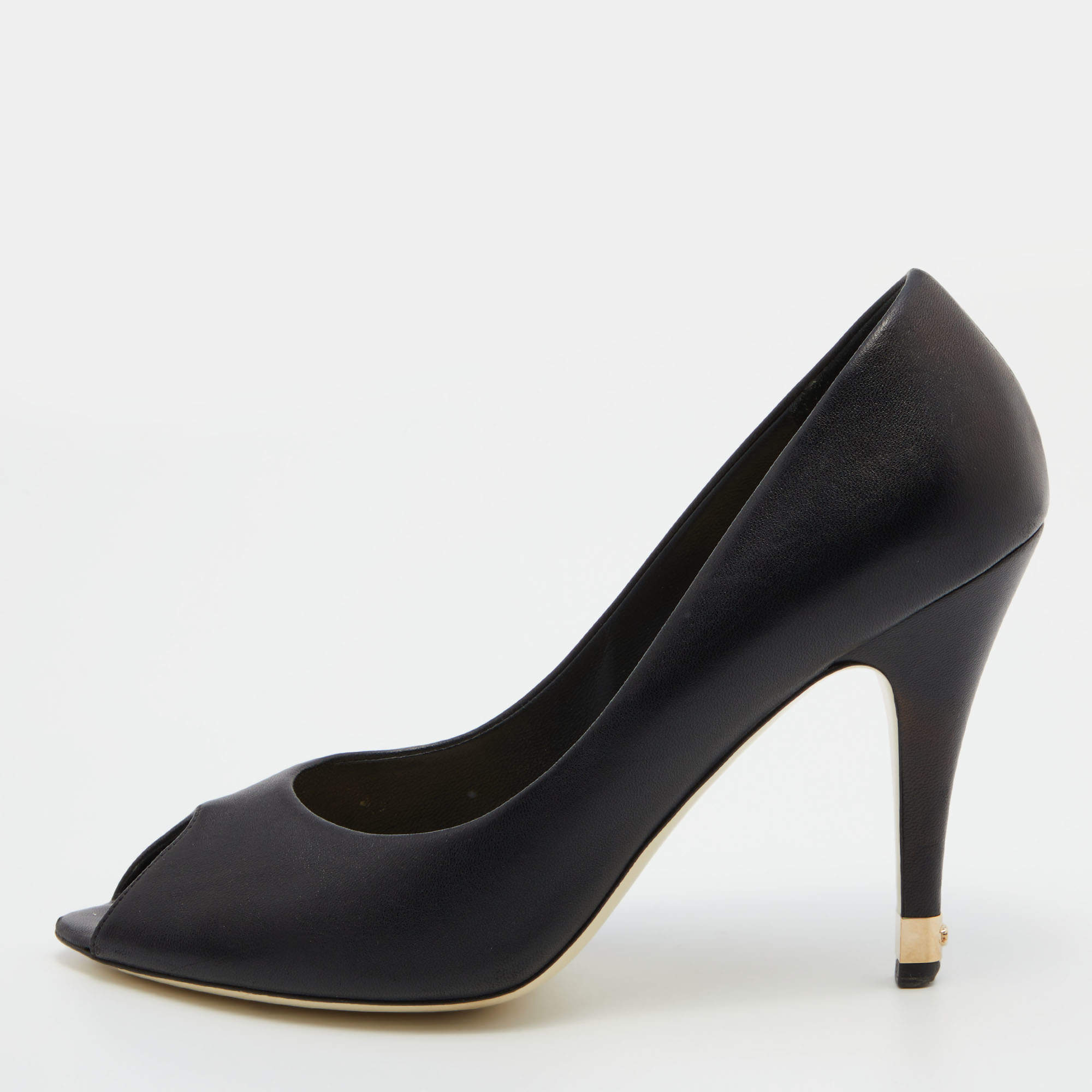 Pre Owned Chanel Black Leather Peep Toe Pumps Size 41