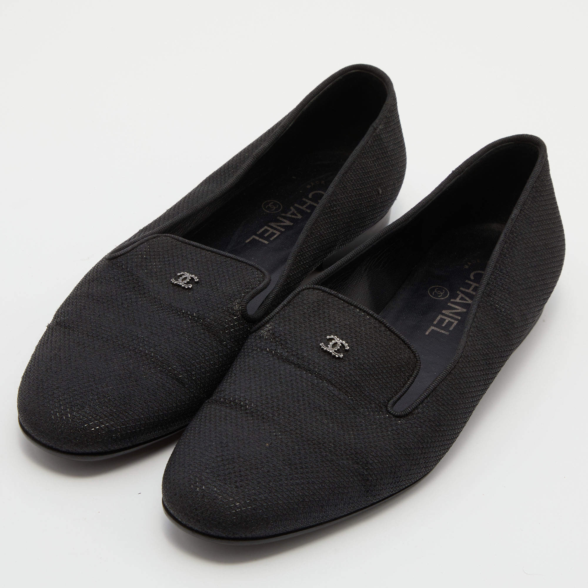 Chanel Black Fabric CC Slip On Smoking Slippers Size 39.5 Chanel