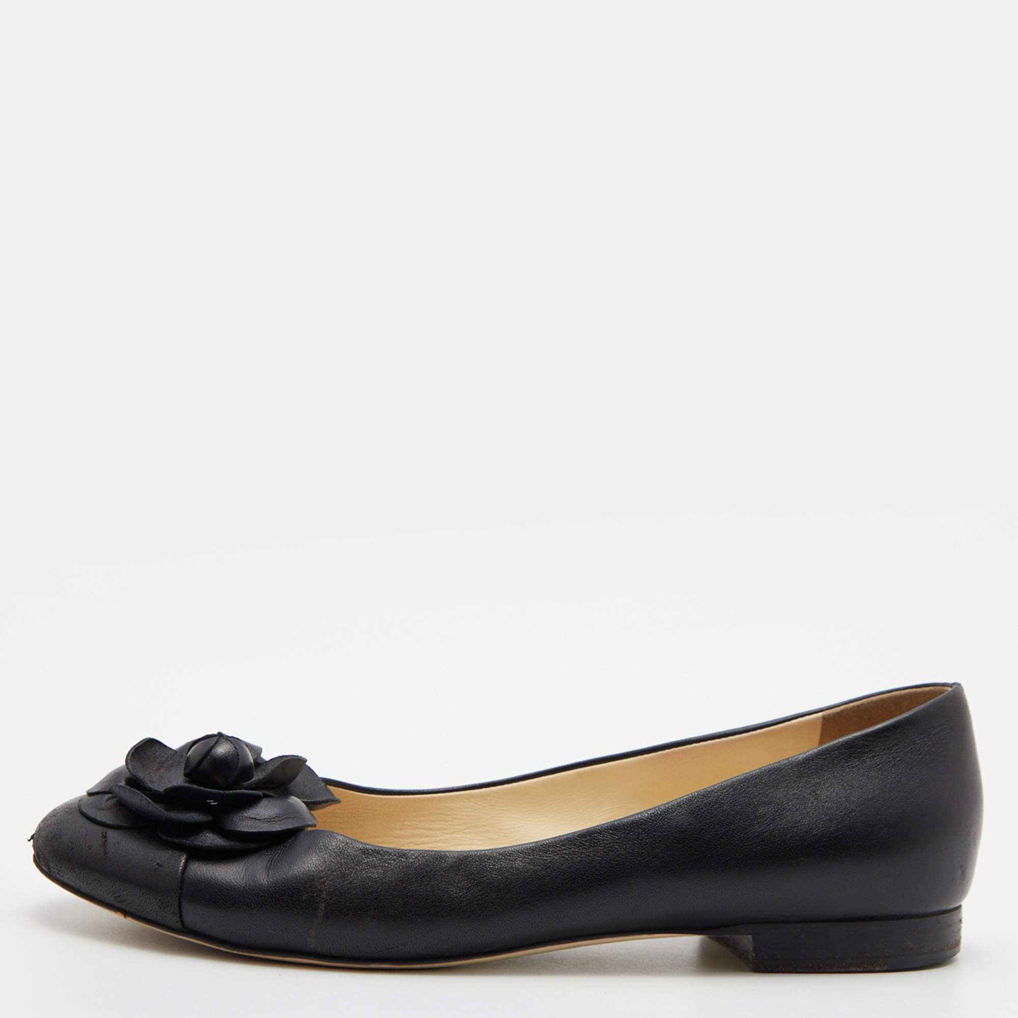 Pre Owned Chanel Black Leather CC Camelia Ballet Flats Size 39