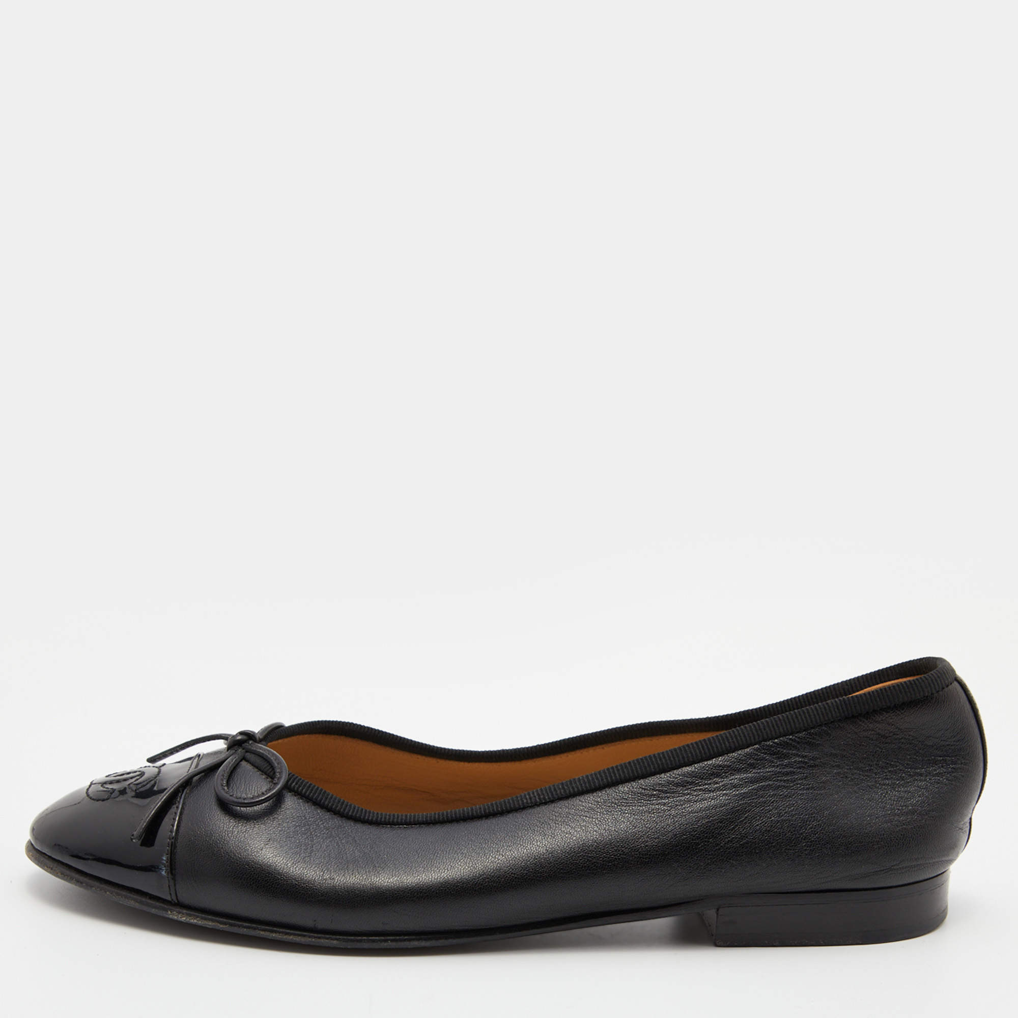 Chanel Black Leather CC Cap Toe Bow Ballet Flats Size 37