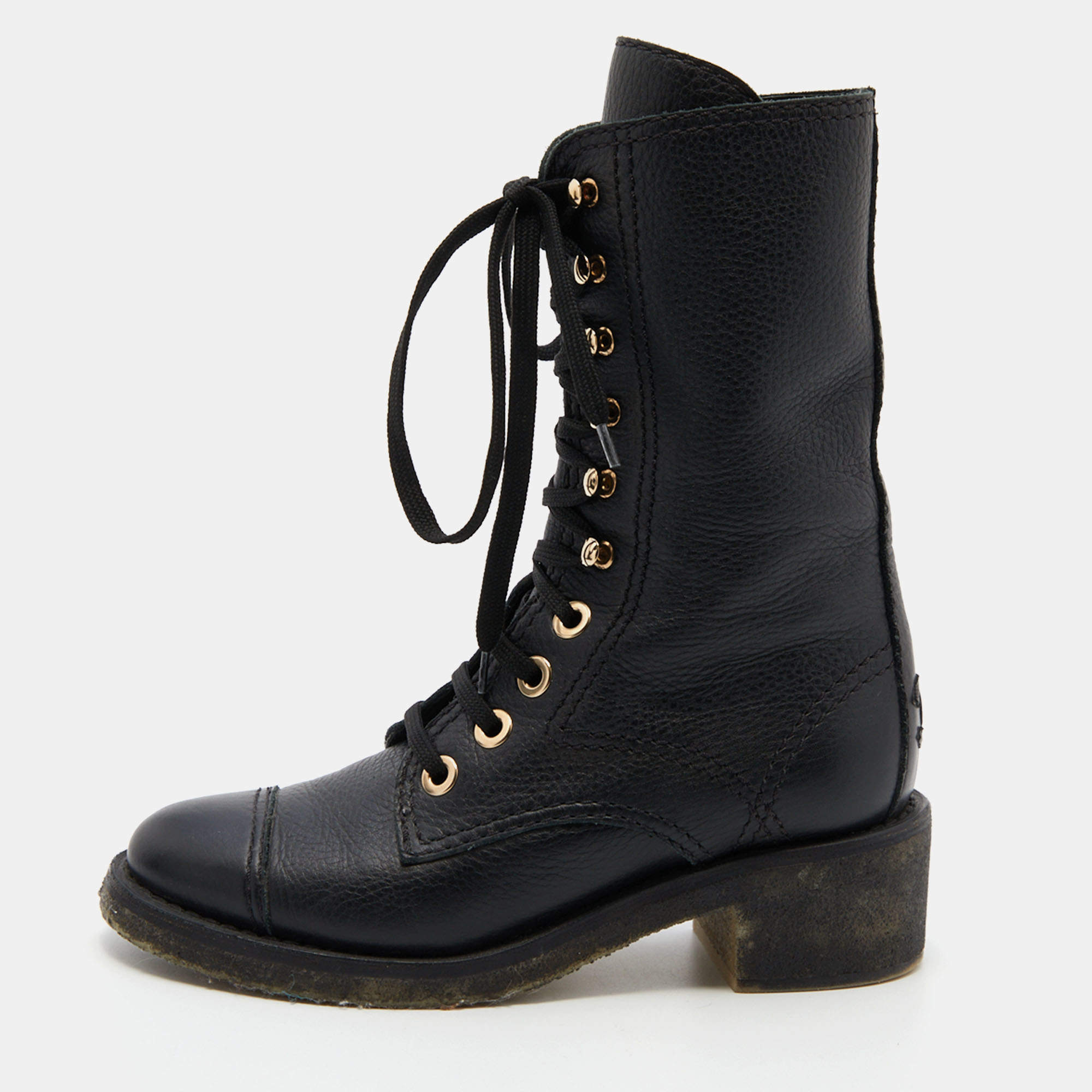 Chanel Matelasse Womens Lace-Up Boots, Black, 35.5