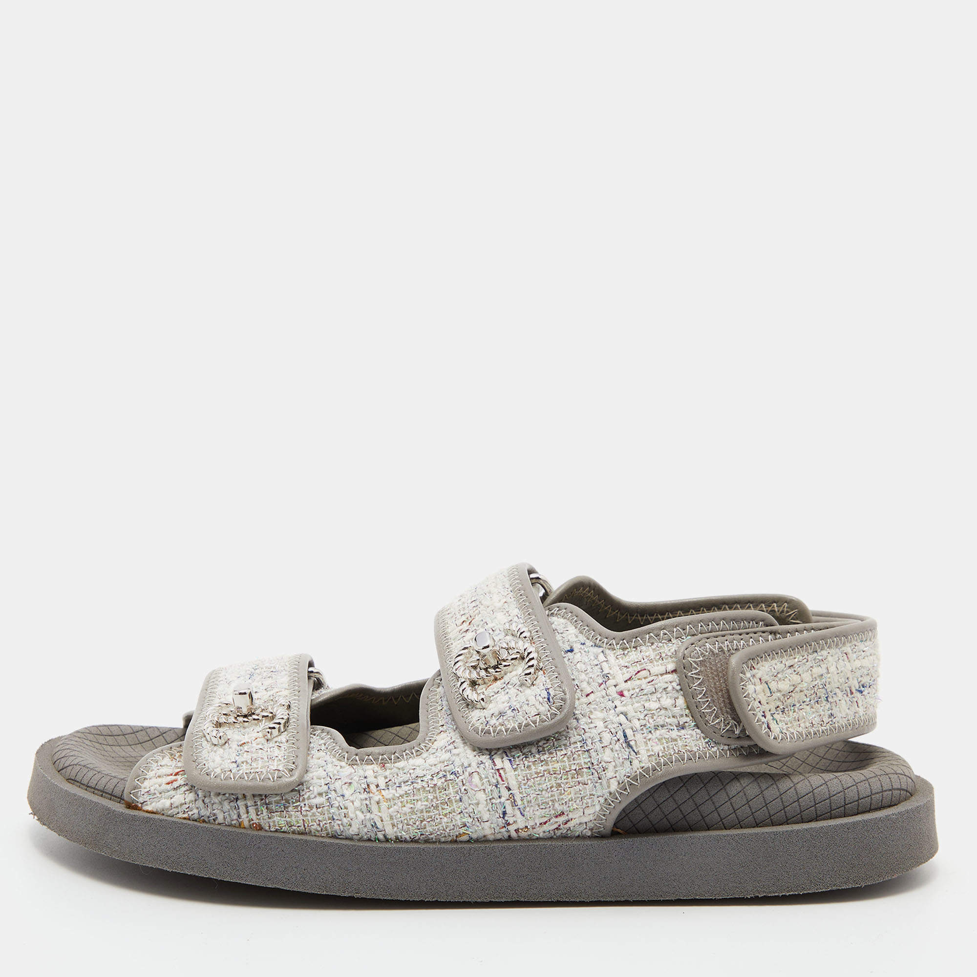 Chanel Grey Tweed and Leather CC Dad Flat Sandals Size 37 Chanel