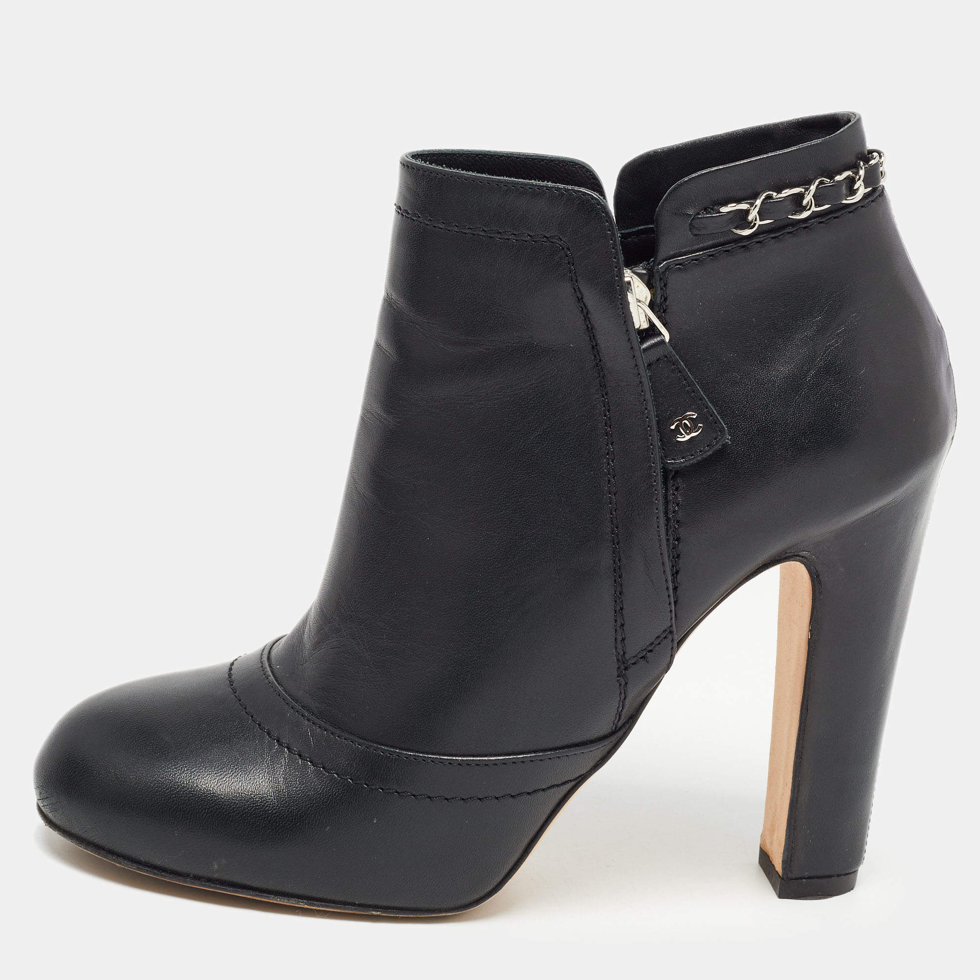 Chanel Black Leather Chain Details Ankle Booties Size 37.5