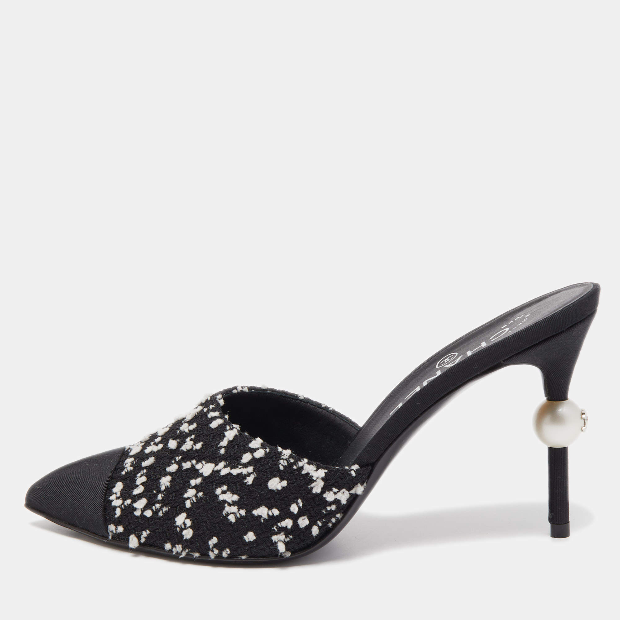 Chanel Black/White Tweed and Canvas CC Faux Pearl Heel Mules Size 37.5