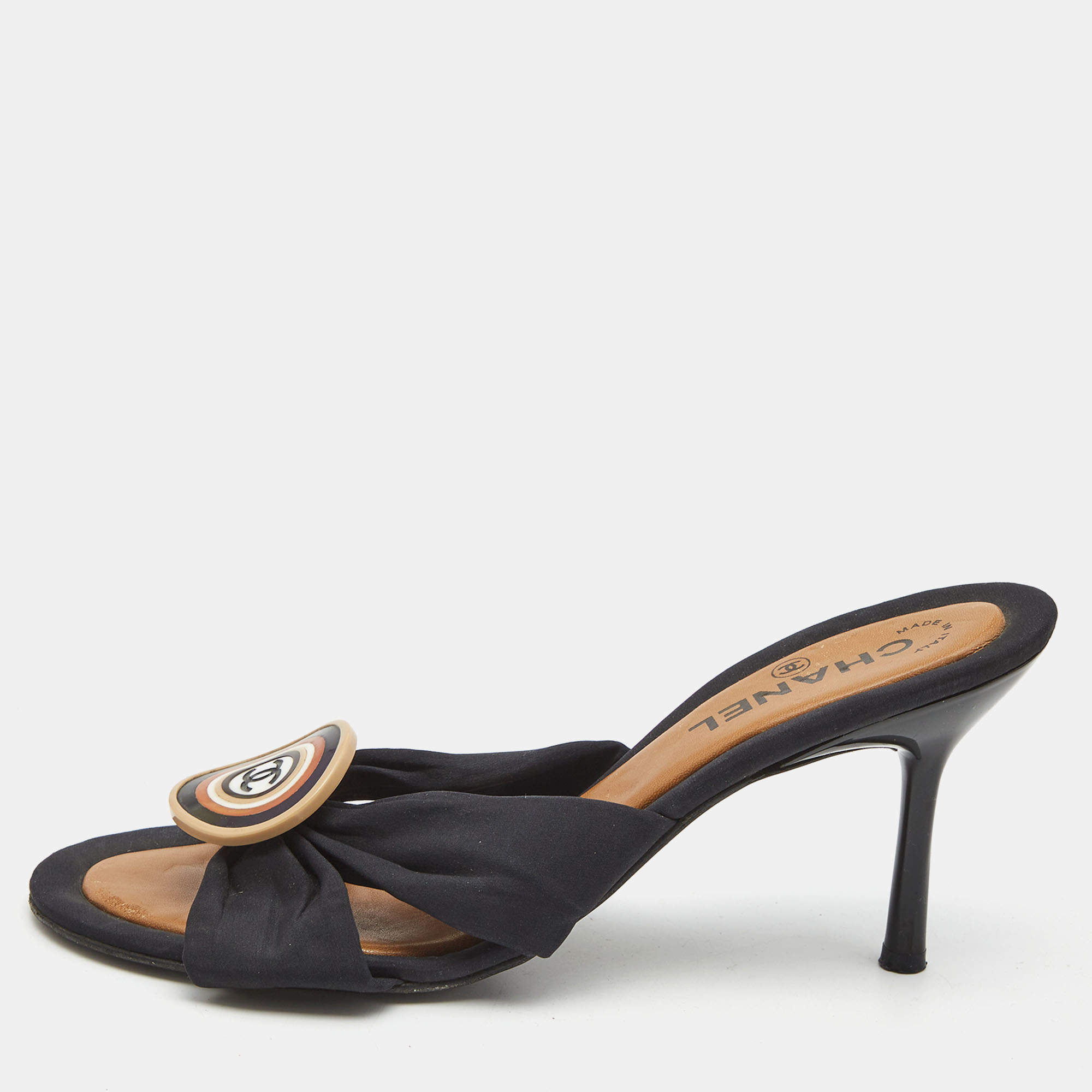 Chanel Black Fabric CC Slide Sandals Size 40