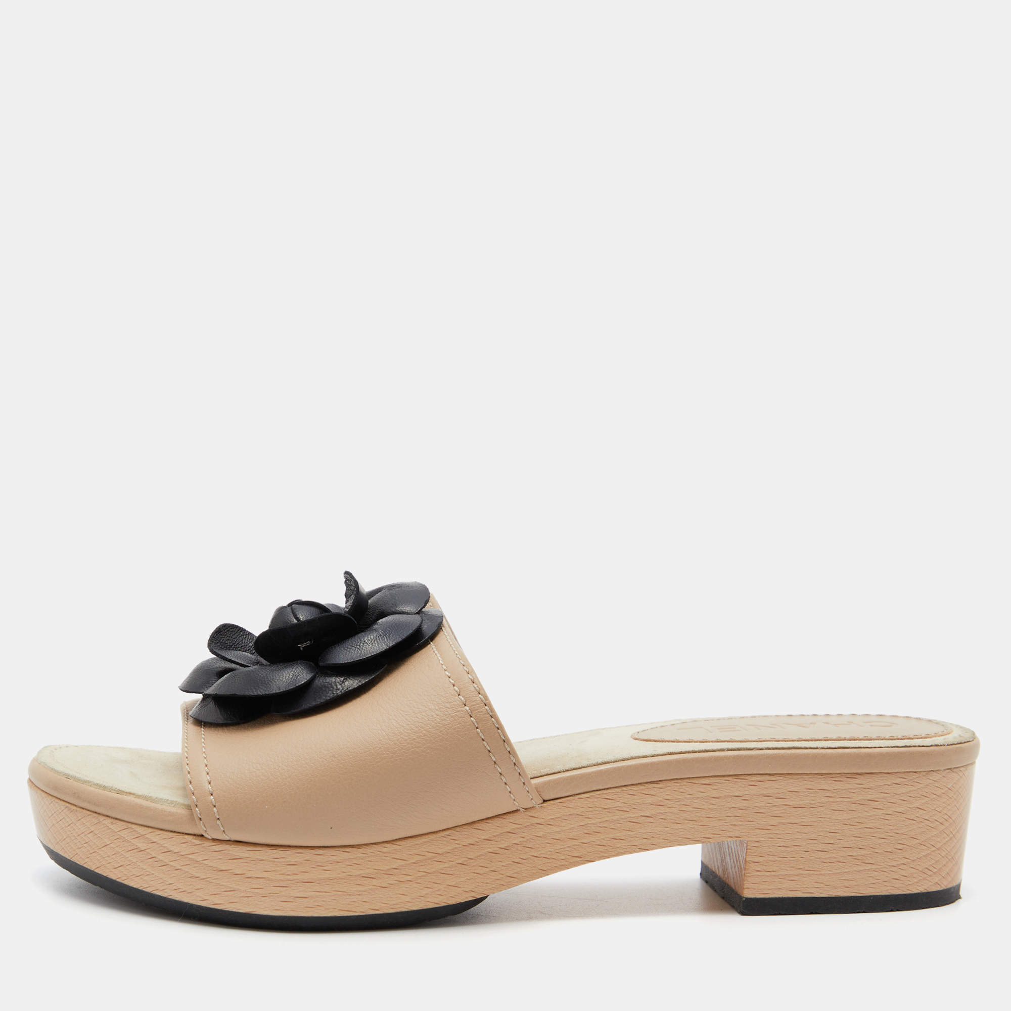 Chanel Beige/Black Leather Camellia Wooden Platform Sandals Size 37