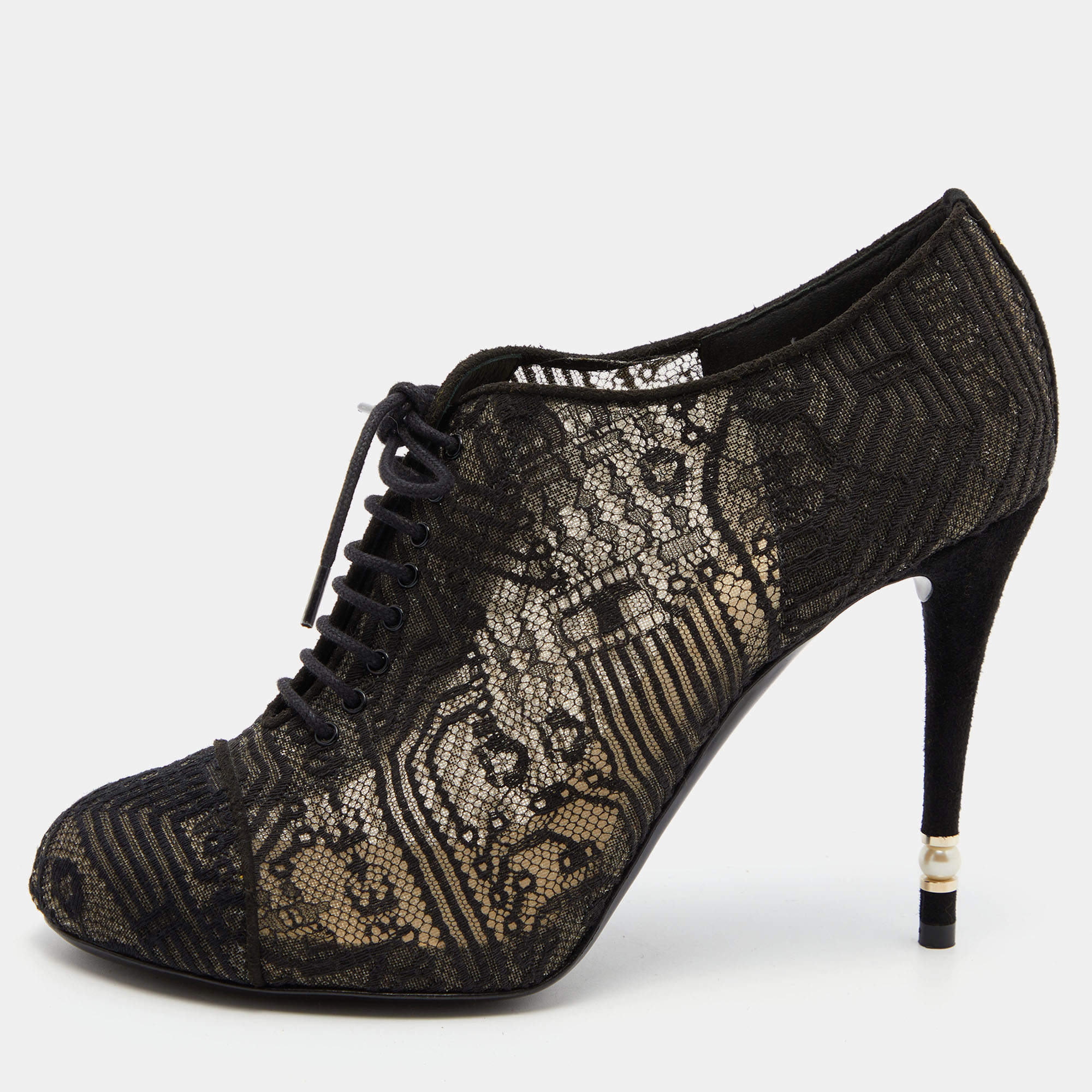 Chanel Black Lace and Alcantara Ankle Booties Size 40.5