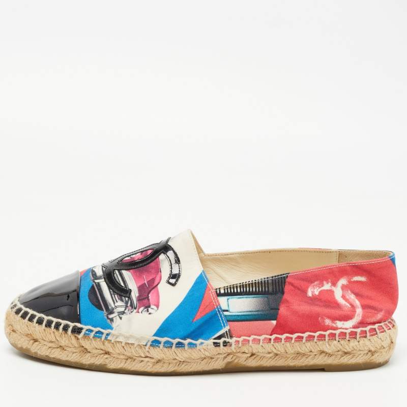 Pre Owned Chanel Multicolor Fabric And Patent CC Cap Toe Espadrille Flats Size 39