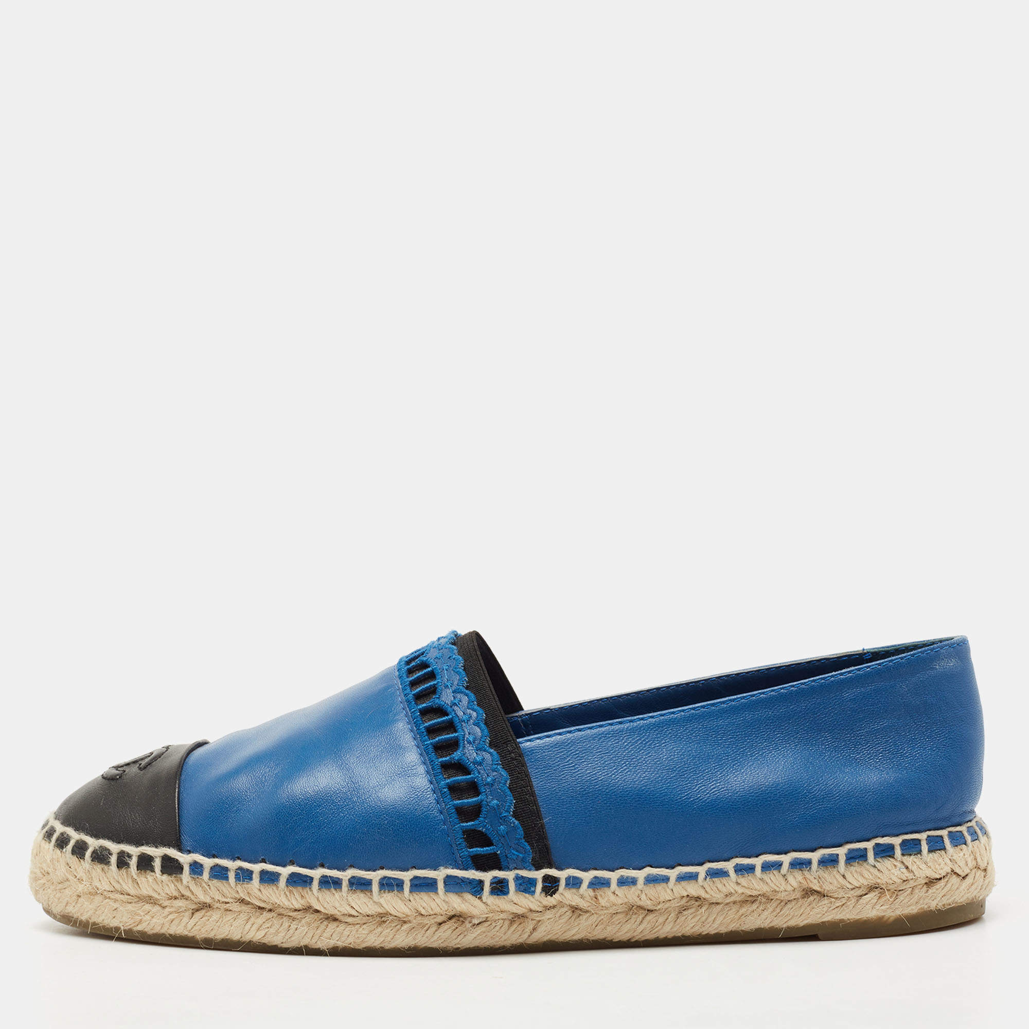 Chanel Blue/Black Leather CC Espadrille Flats Size 39