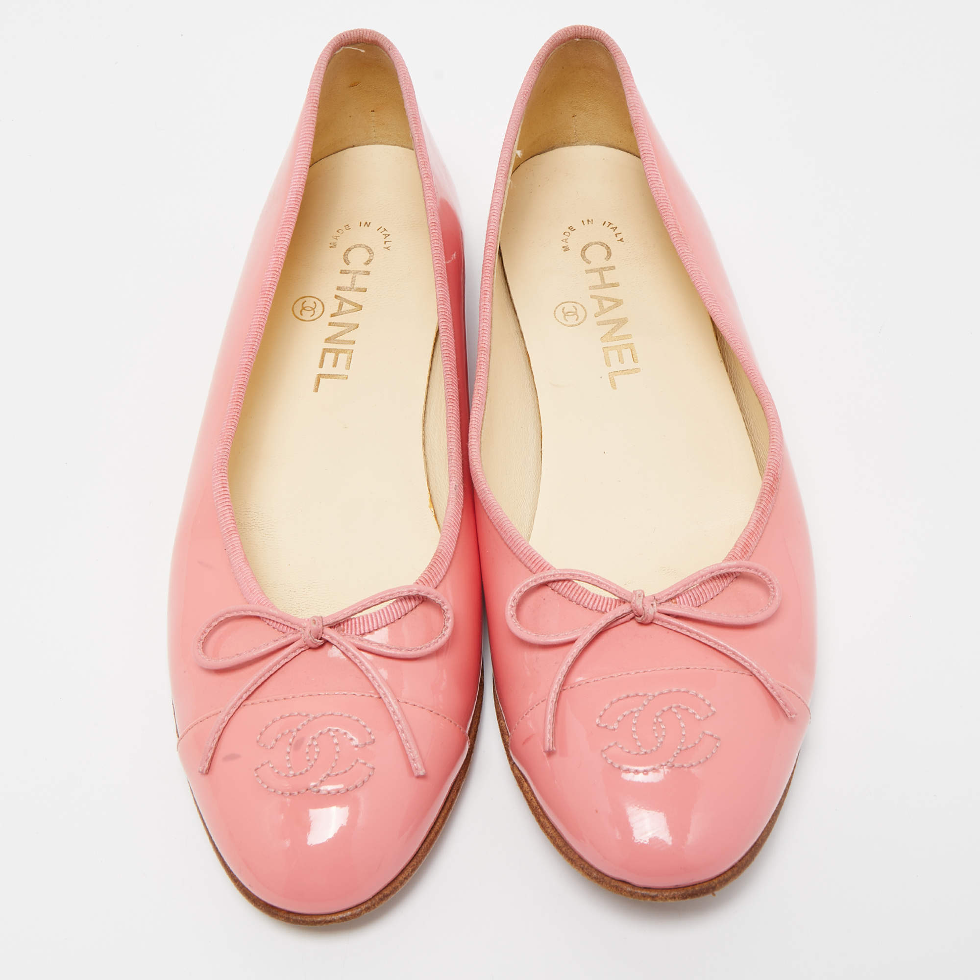 Chanel Pink Patent Leather CC Cap Toe Bow Ballet Flats Size 38.5 Chanel