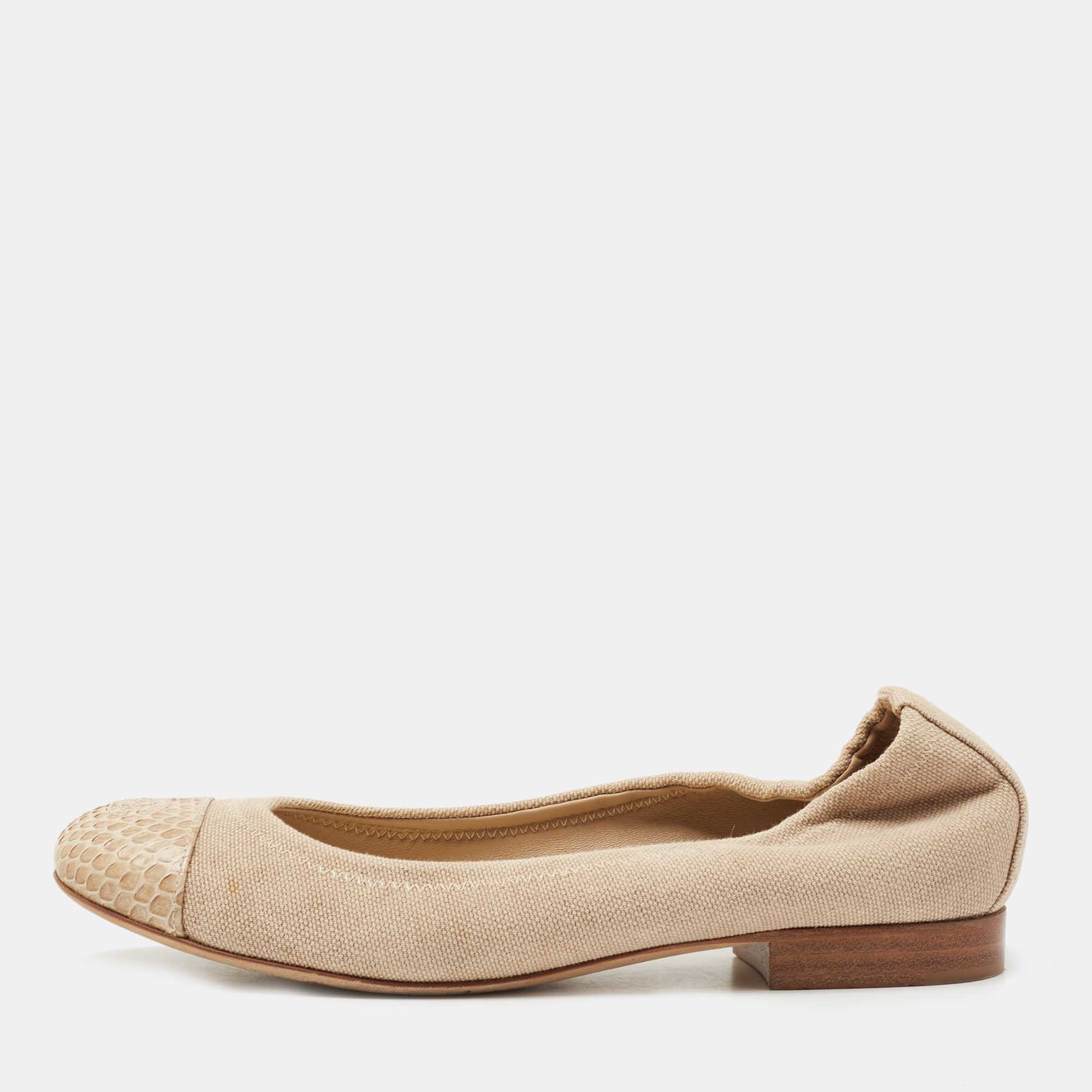 Chanel Beige Canvas and Python CC Cap Toe Ballet Flats Size 37