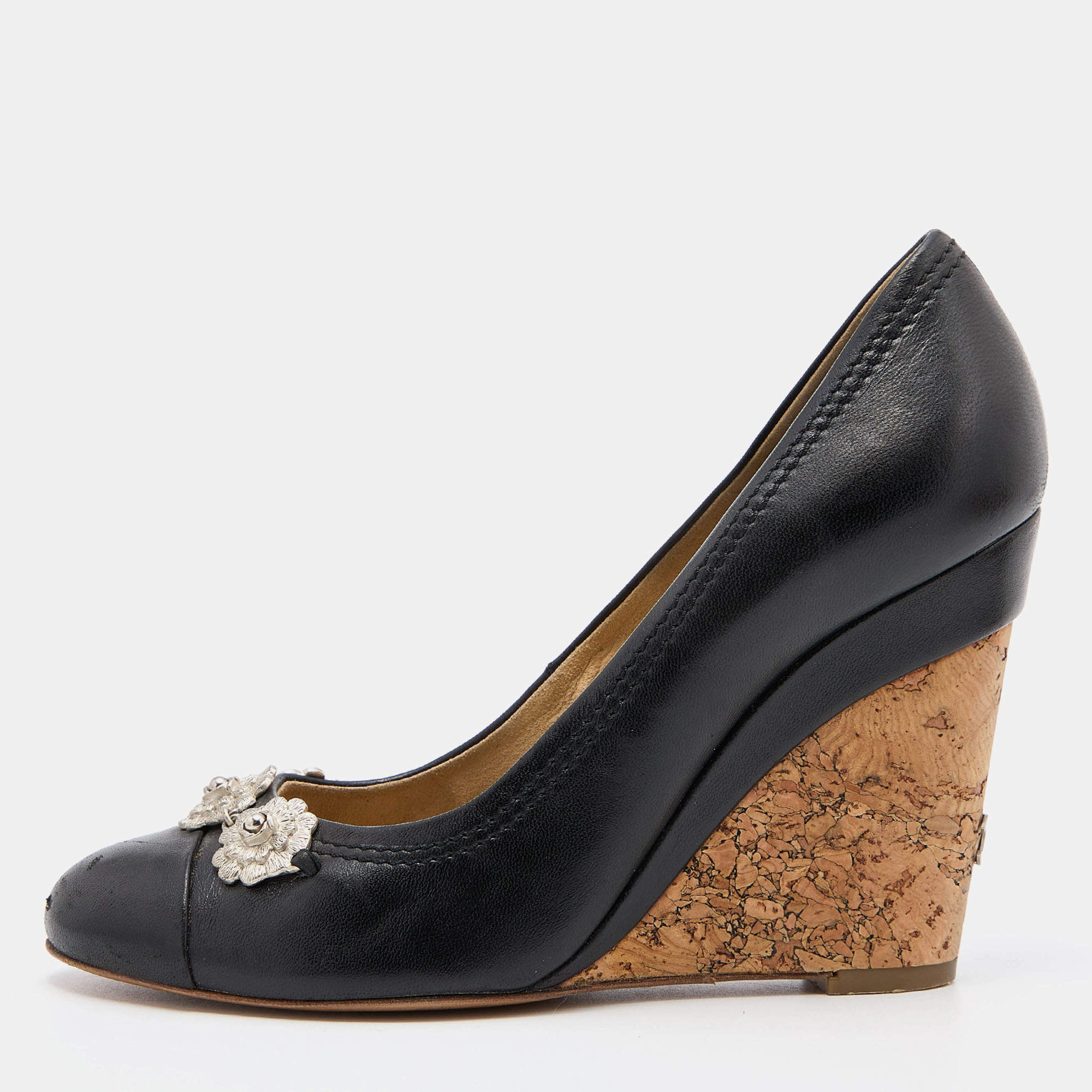 Pre Owned Chanel Black Leather CC Cap Toe Wedge Pumps Size 36.5
