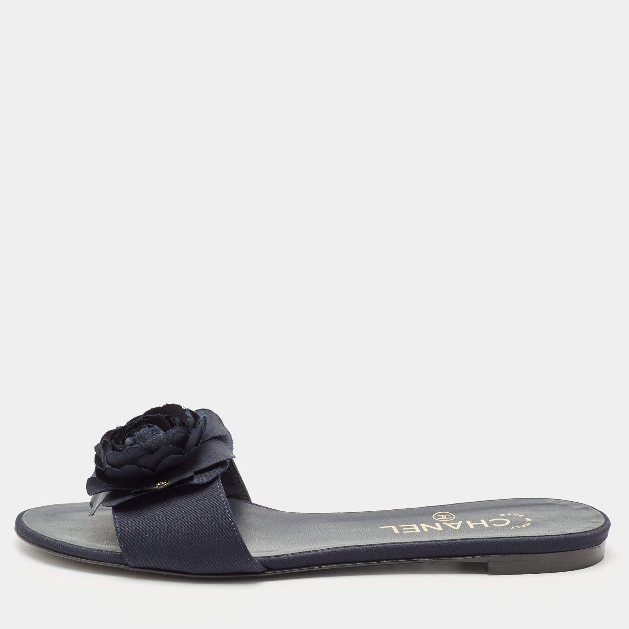 Chanel Blue Canvas Camellia Accent Slides Size 39