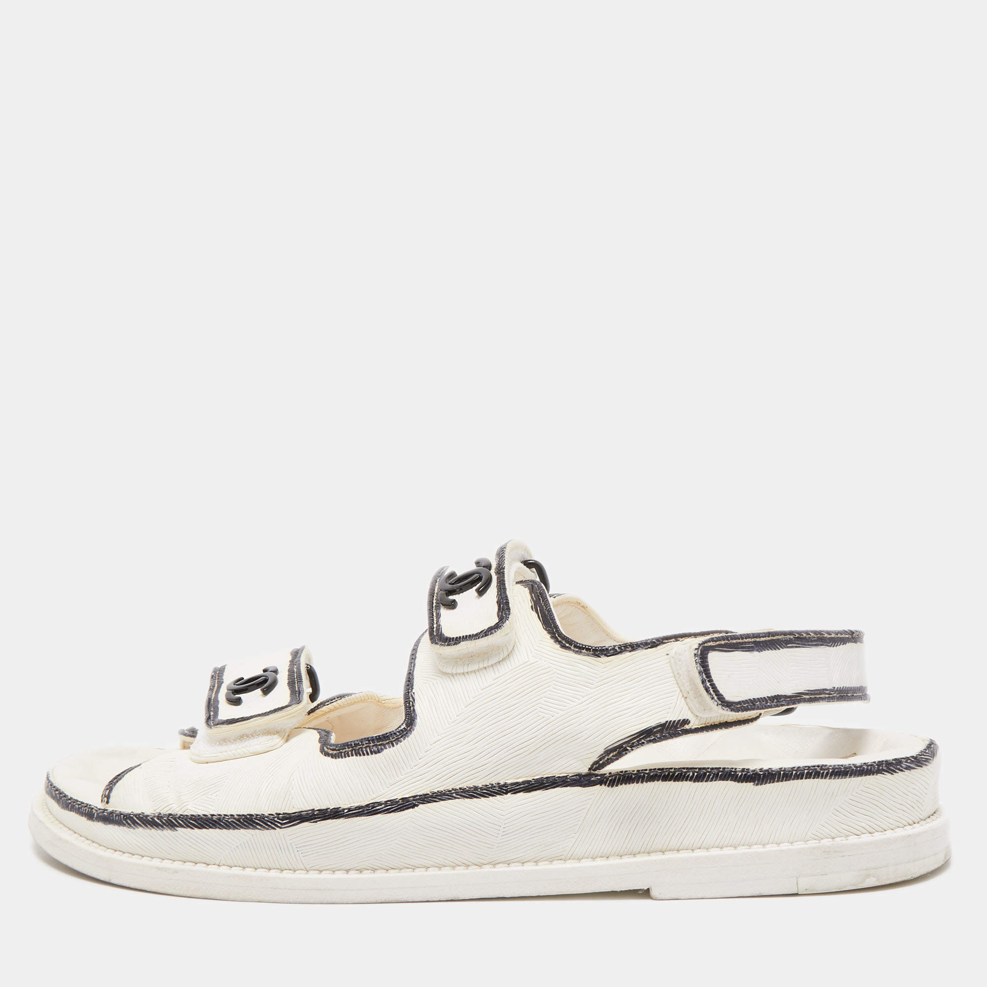 Chanel White Textured Leather Dad Sandals Size 38.5