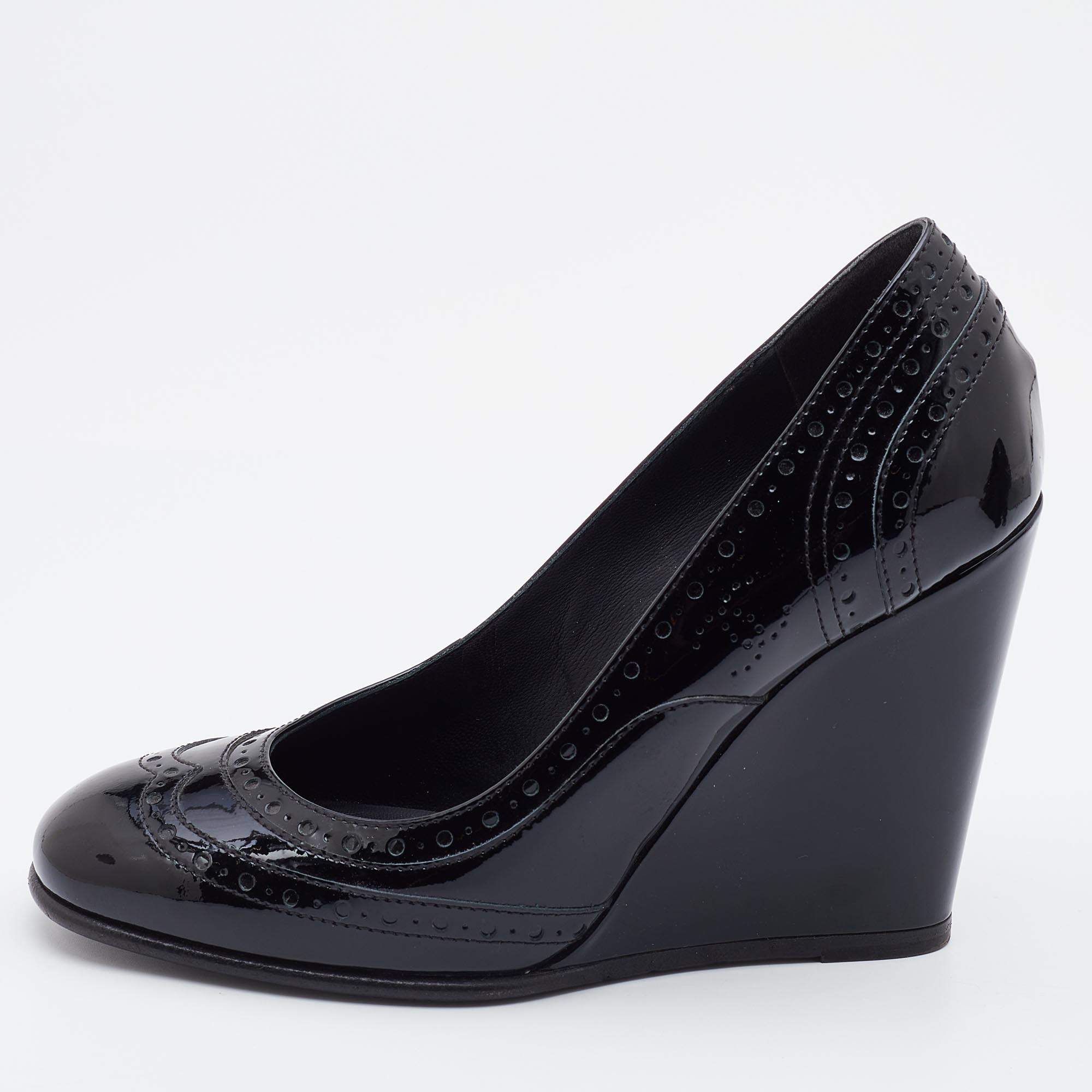 Pre Owned Chanel Black Brogue Patent Leather Wedge Pumps Size 37