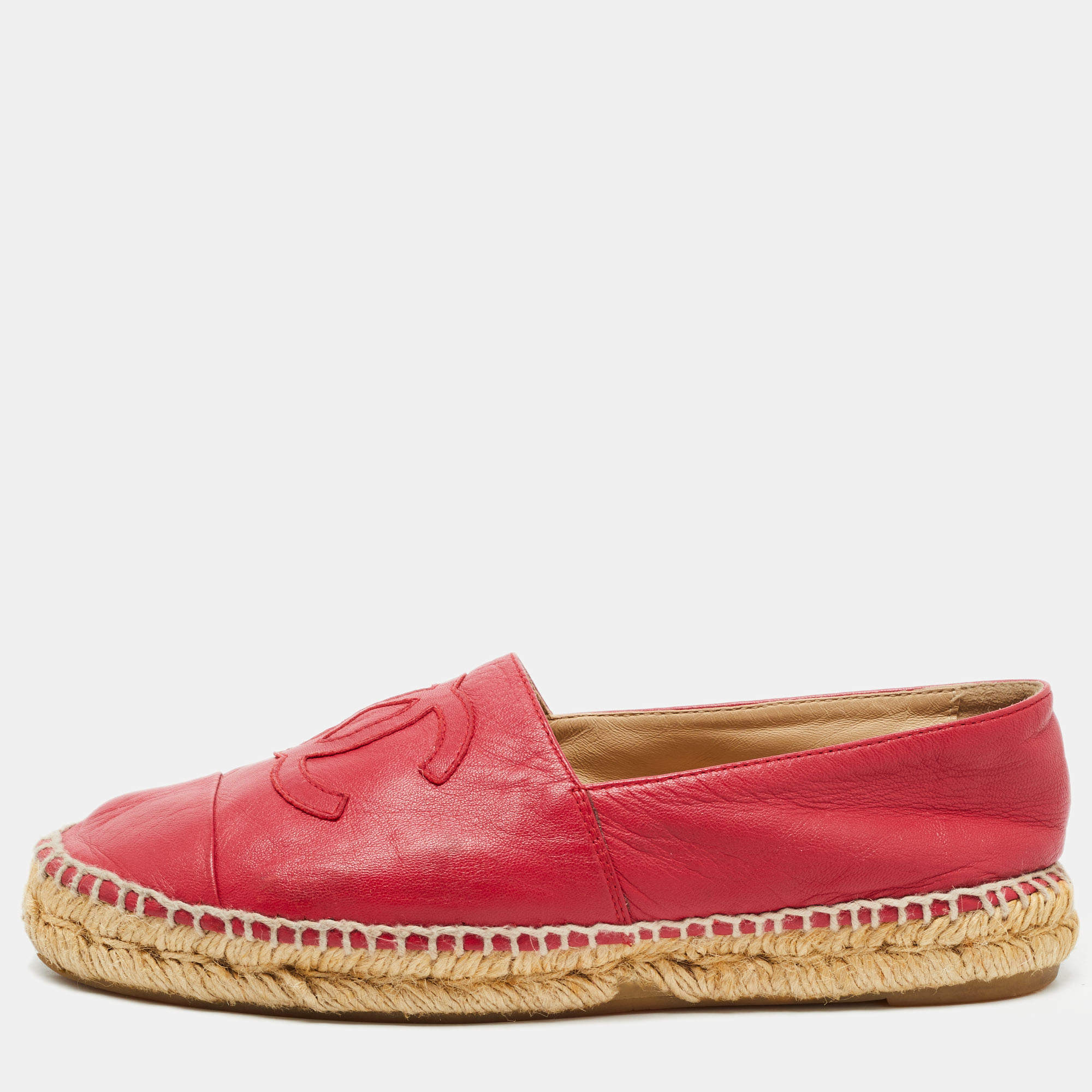 Chanel Pink Leather CC Espadrille Flats Size 38