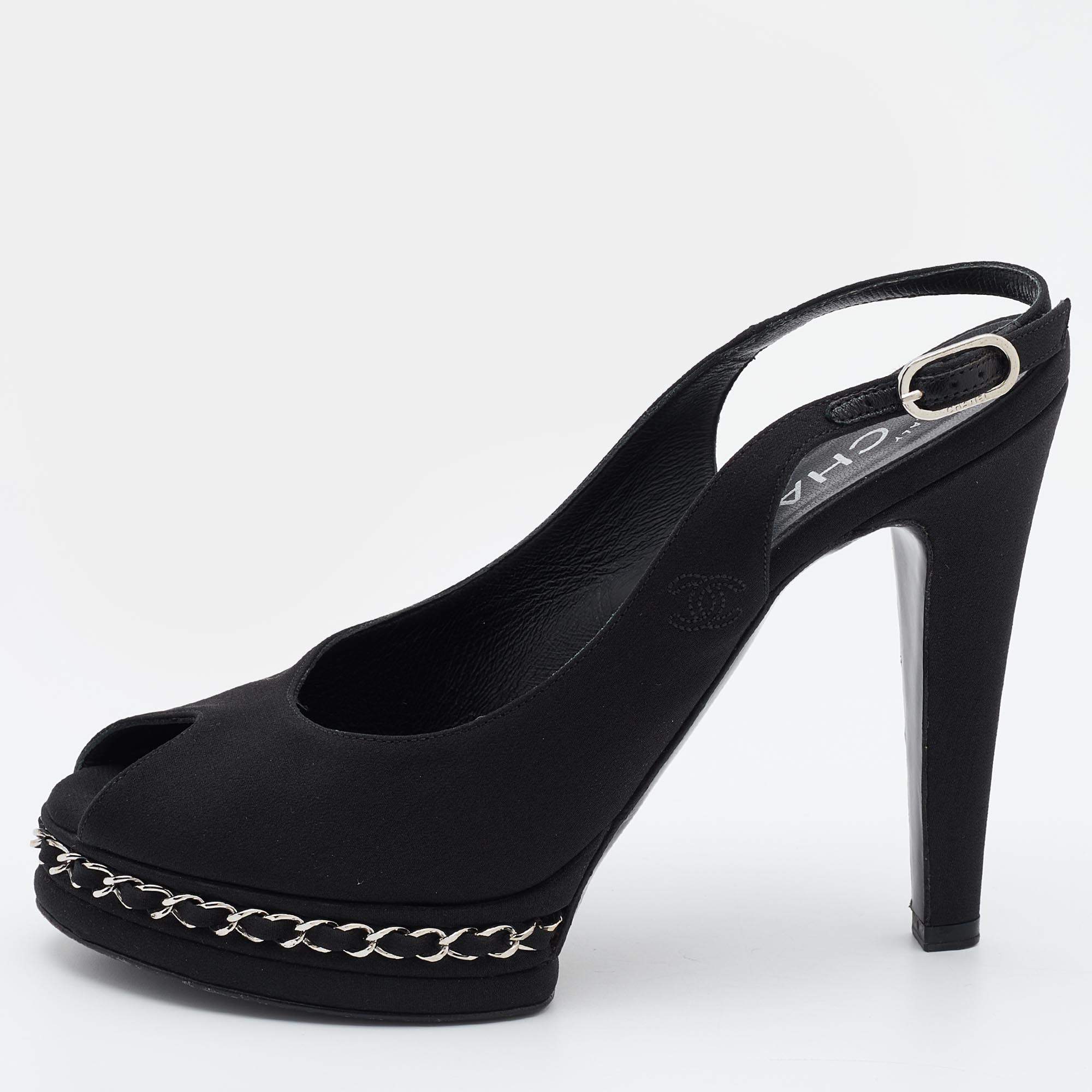 Chanel Black Canvas Chain Embellished Slingback Sandals Size 38.5