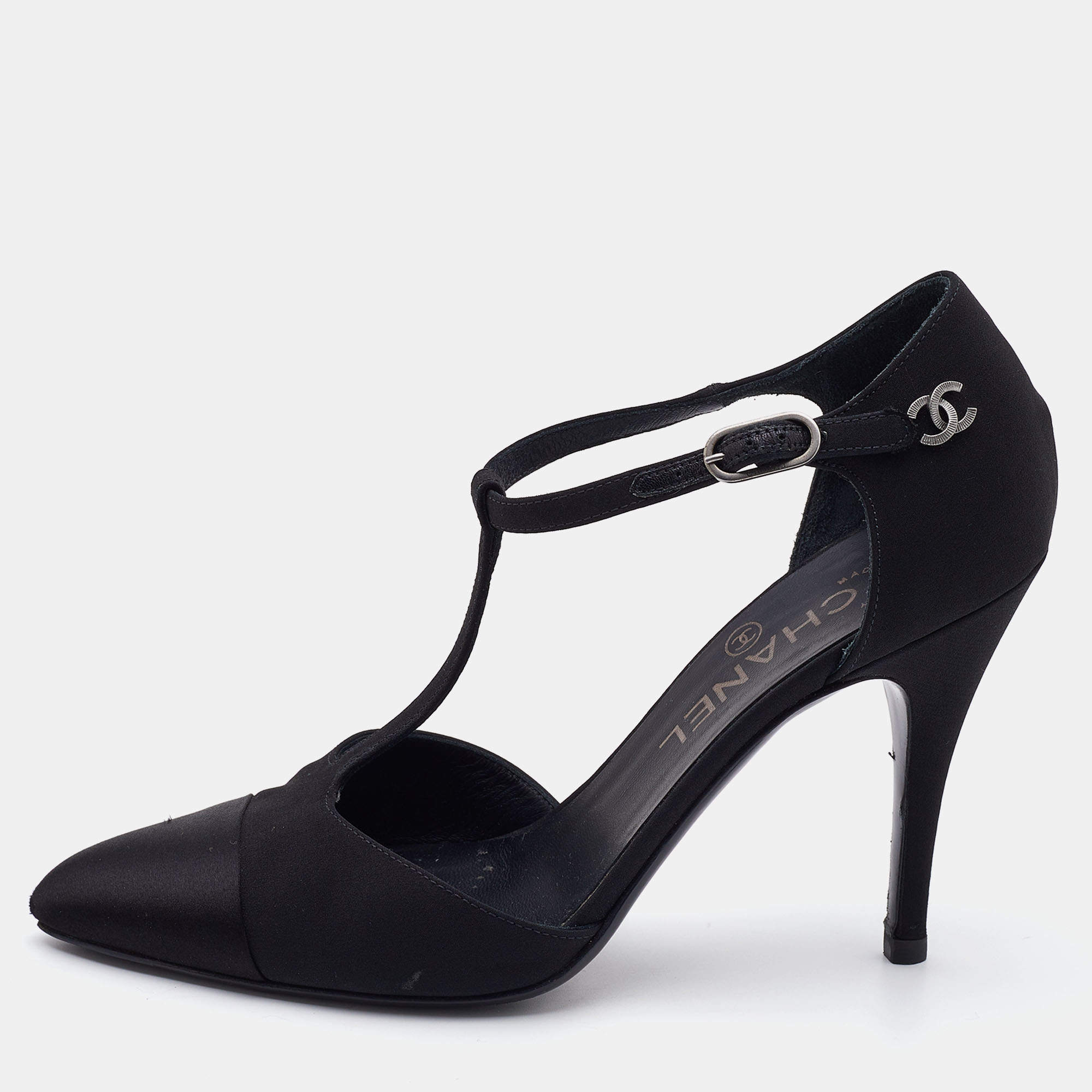 Pre Owned Chanel Black Satin Cap Toe T Strap Pumps Size 37.5