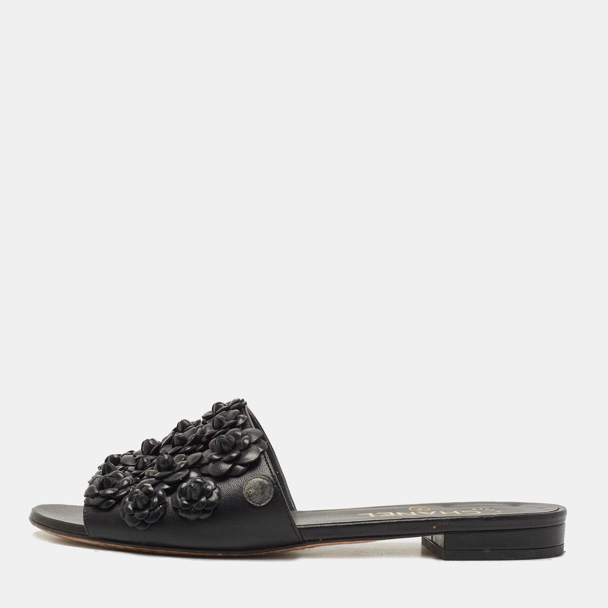 Chanel Black Leather Camellia Applique CC Flat Slides Size 37.5