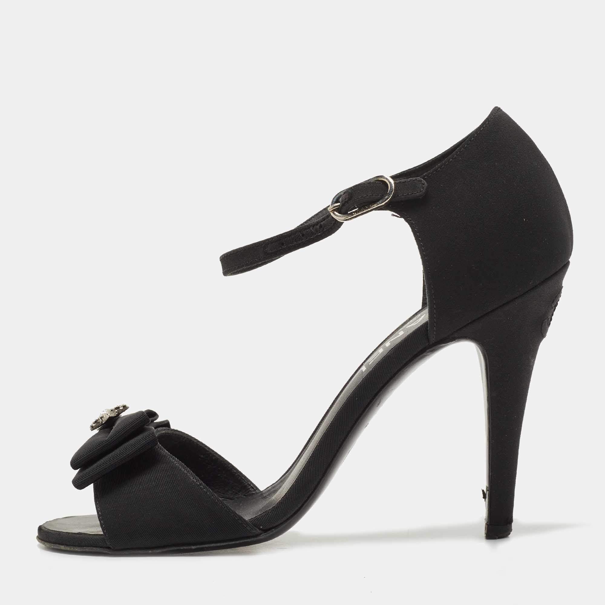 Chanel Black Fabric Bow Ankle Strap Sandals Size 37.5