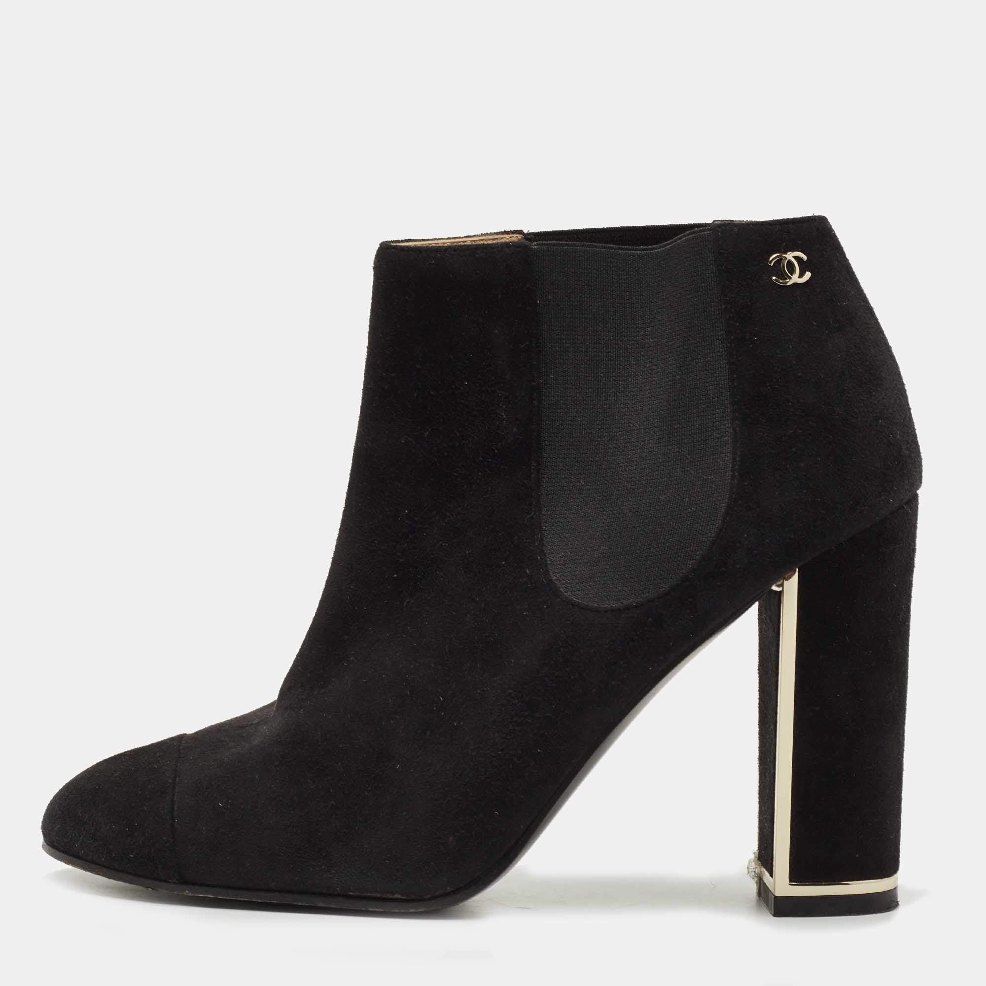 Chanel Black Suede Cap Toe Booties Size 38