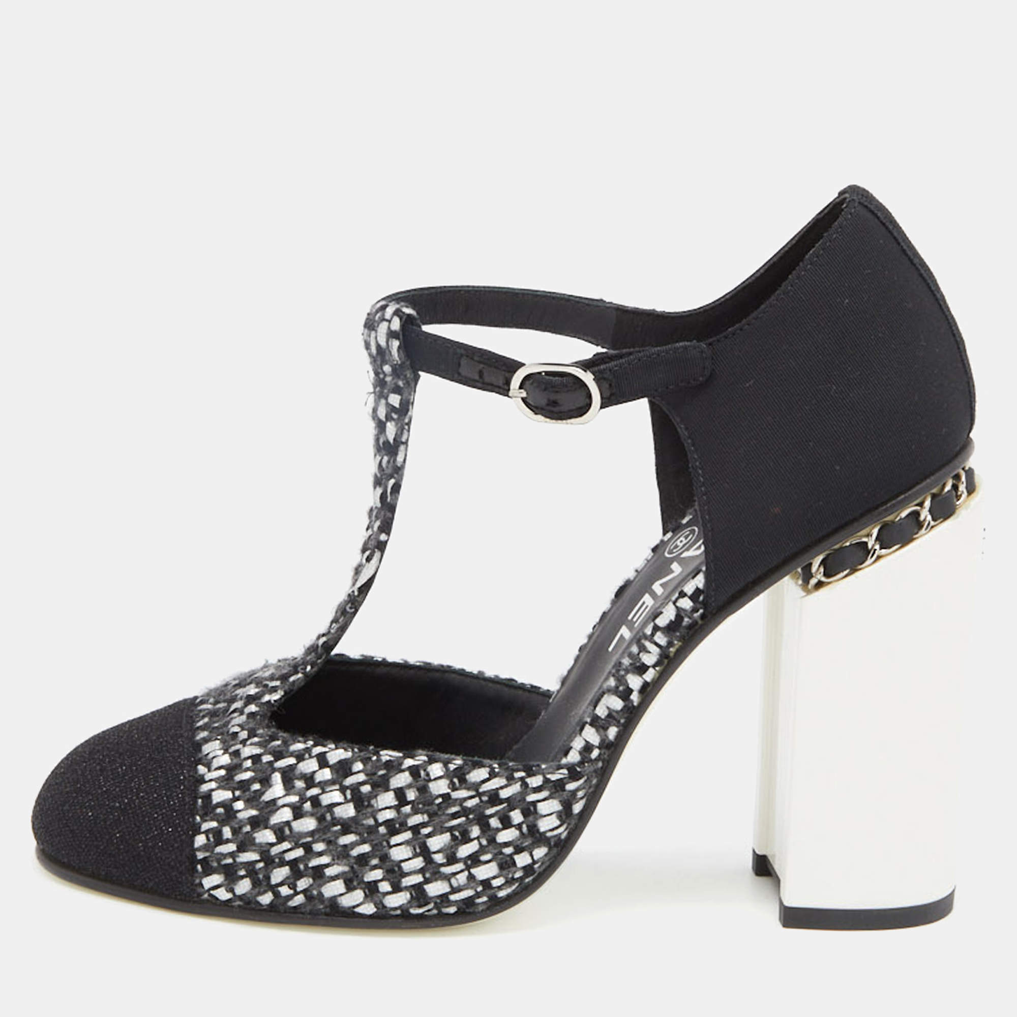 Chanel Black/Silver Woven Leather and Fabric T-Strap Pumps Size 39