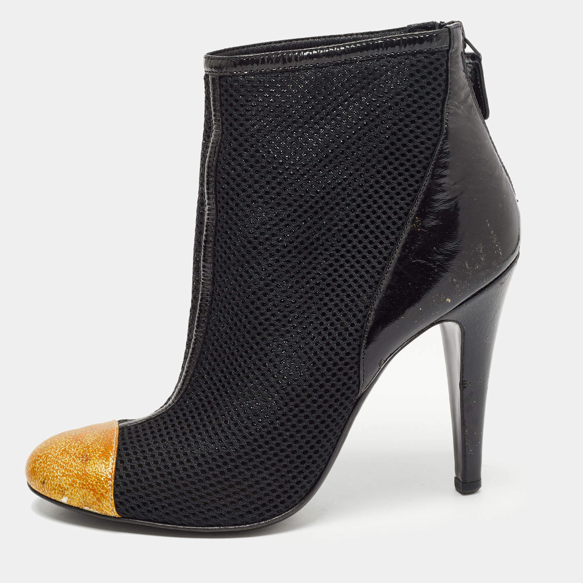 Chanel Black/Gold Leather and  Mesh Cap Toe Ankle Boots Size 39