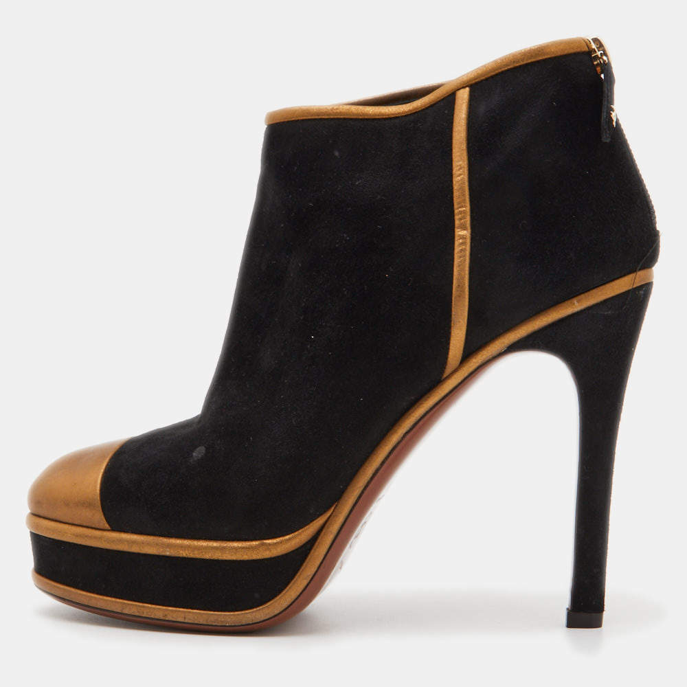 Chanel Black/Gold Suede and Leather Cap Toe Platform Ankle