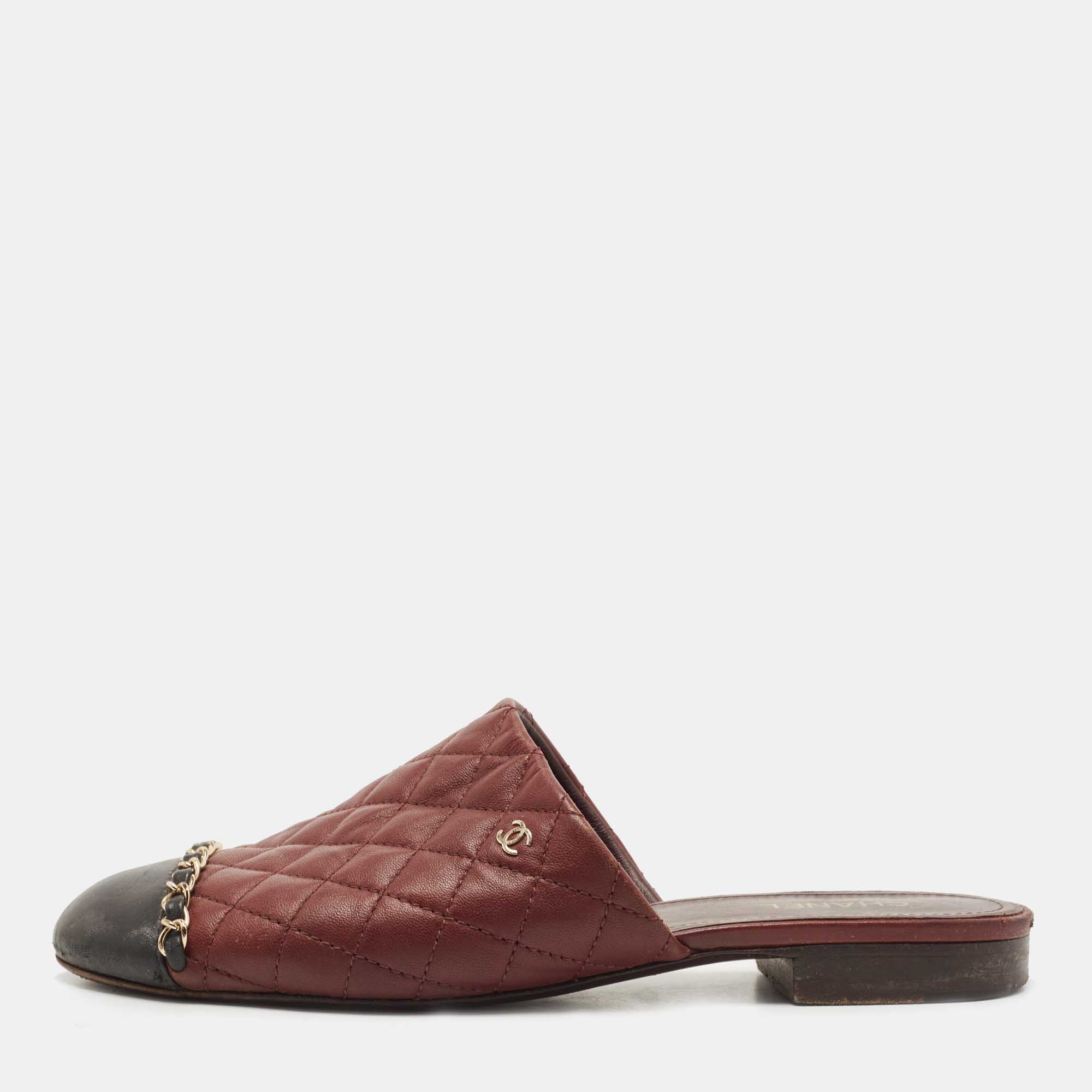Chanel Burgundy/Black Quilted Leather Chain Detail Mules Size 39.5