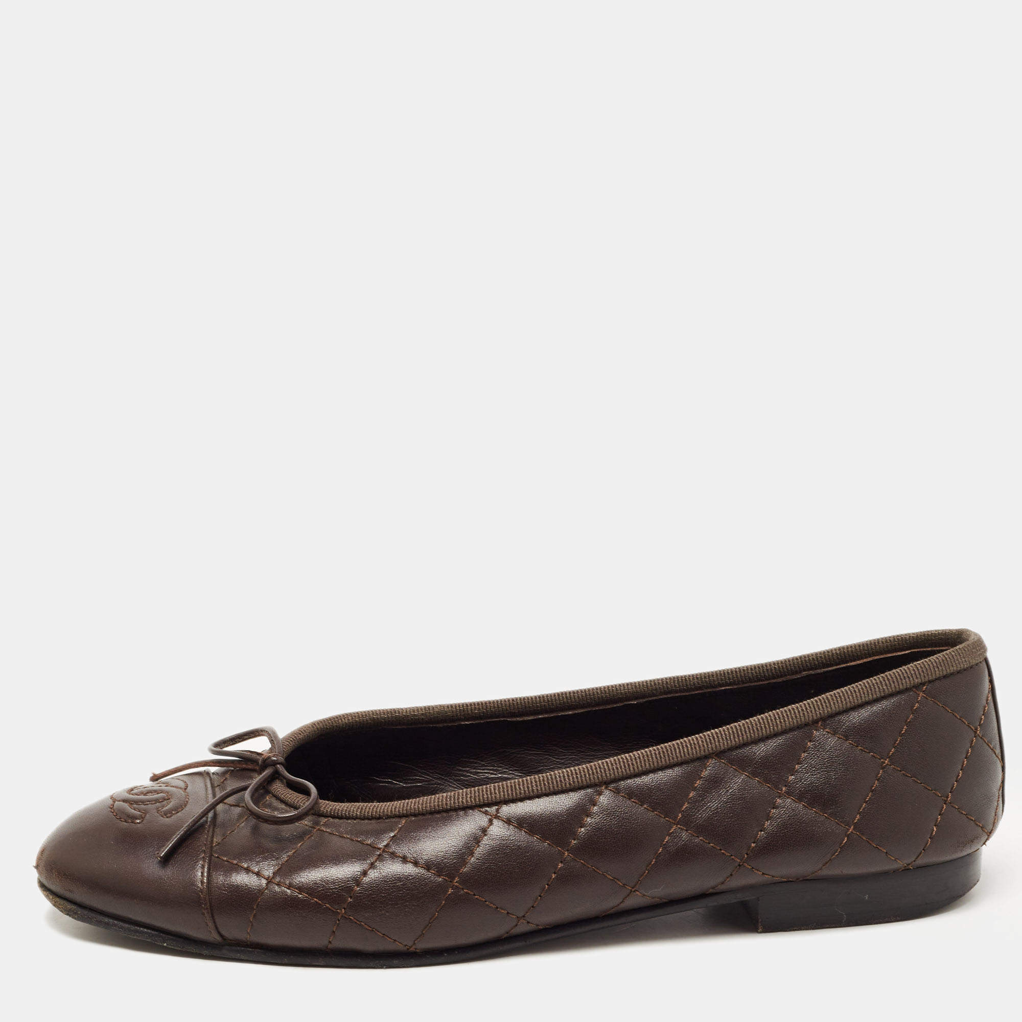 Chanel Dark Brown Chanel Flats TLC Ballet | CC 37.5 Bow Quilted Size Leather