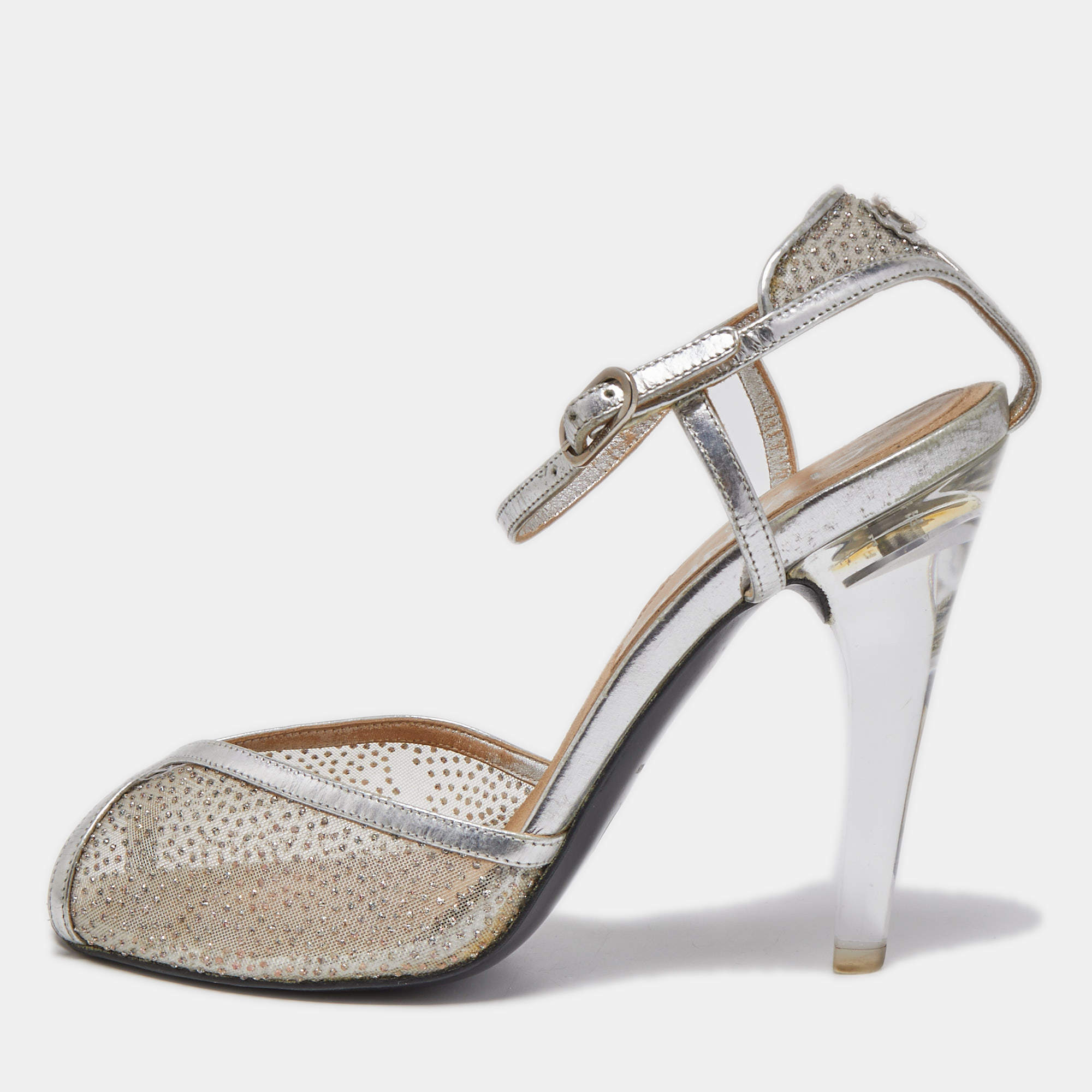 Chanel Silver Leather and Glitter Mesh CC Ankle Strap Sandals Size 38.5