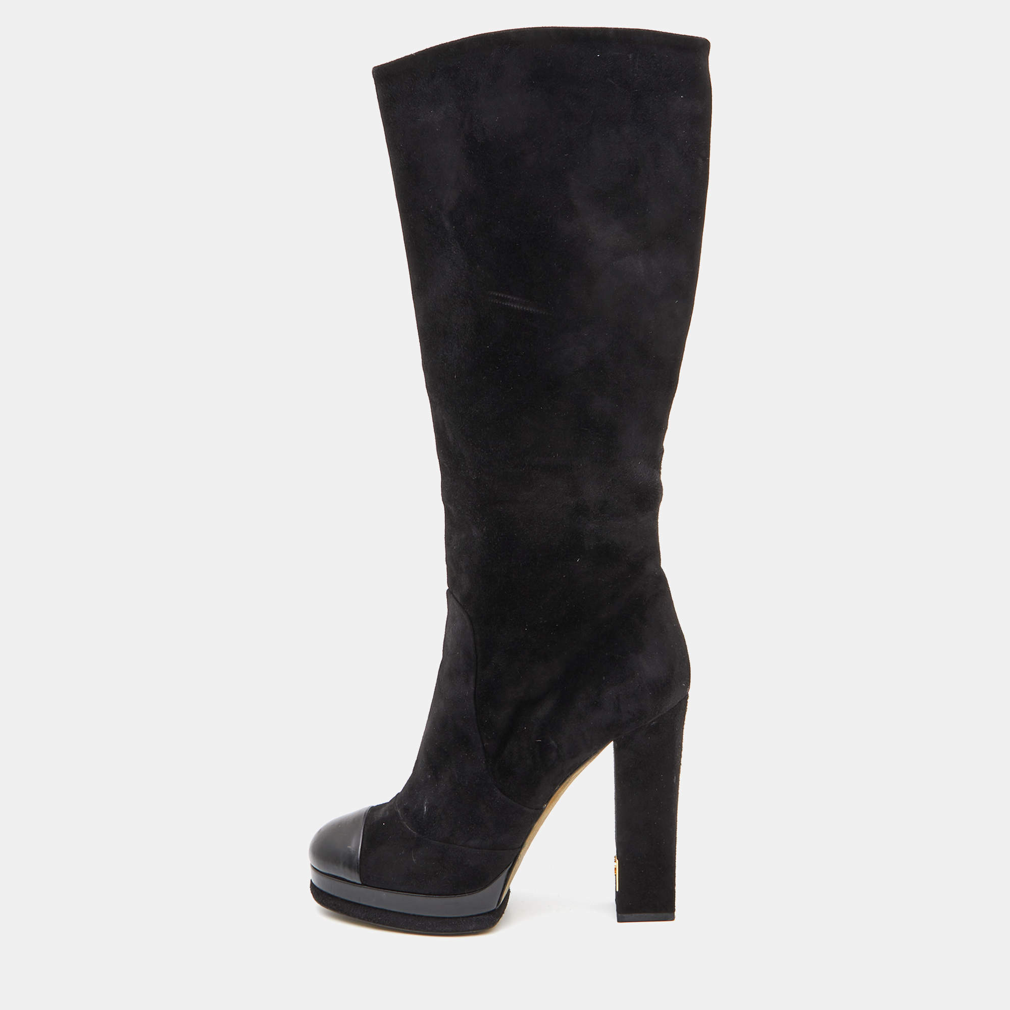 Chanel Black Suede Platform Knee Length CC Block Heel Boots Size 39.5